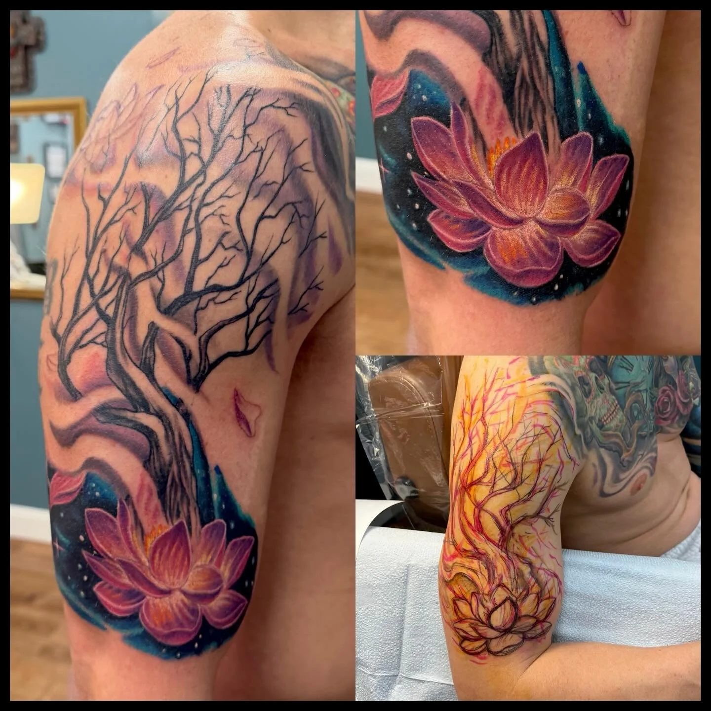 Can&rsquo;t wait to blend this into Dan&rsquo;s existing chest tattoo!
Thanks for looking  @gratitudetattoosupplyllc @tts_bodybalm  #spacetattoo #fiveoneseventattoojeannette #jeannettepa #byjim @vandalcartridges #treetattoo