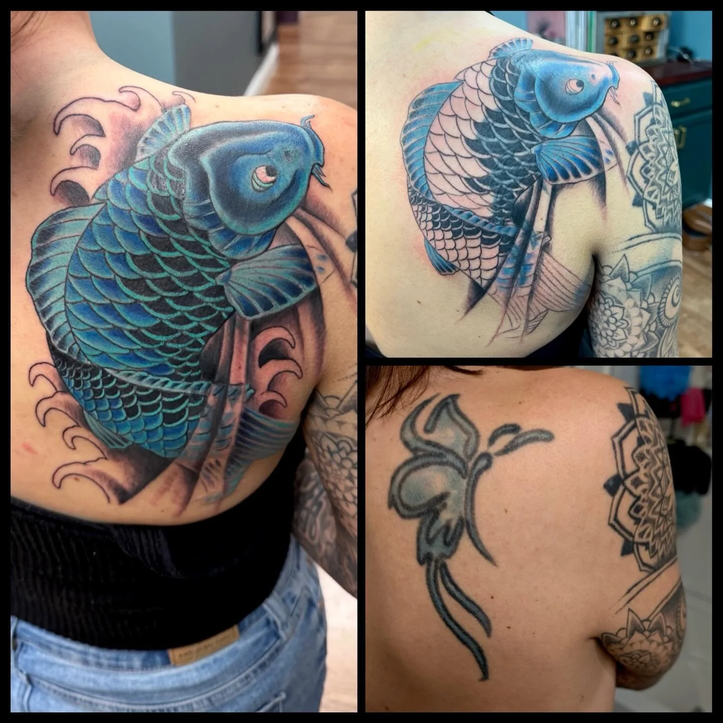 Koi cover up in progress.  #fiveoneseventattoojeannette #byjim #coveruptattoos #graditudetattoosupplyllc #ttsbodybalm