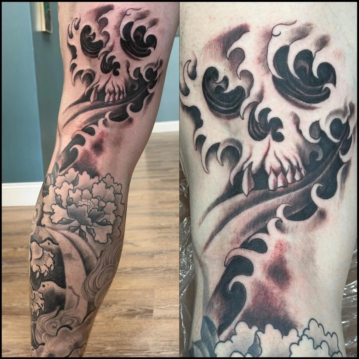 Knee ditch on Robert&rsquo;s leg sleeve.  #fiveoneseventattoojeannette #foodogtattoos #blackandgreytattoo #jtownbabywhat