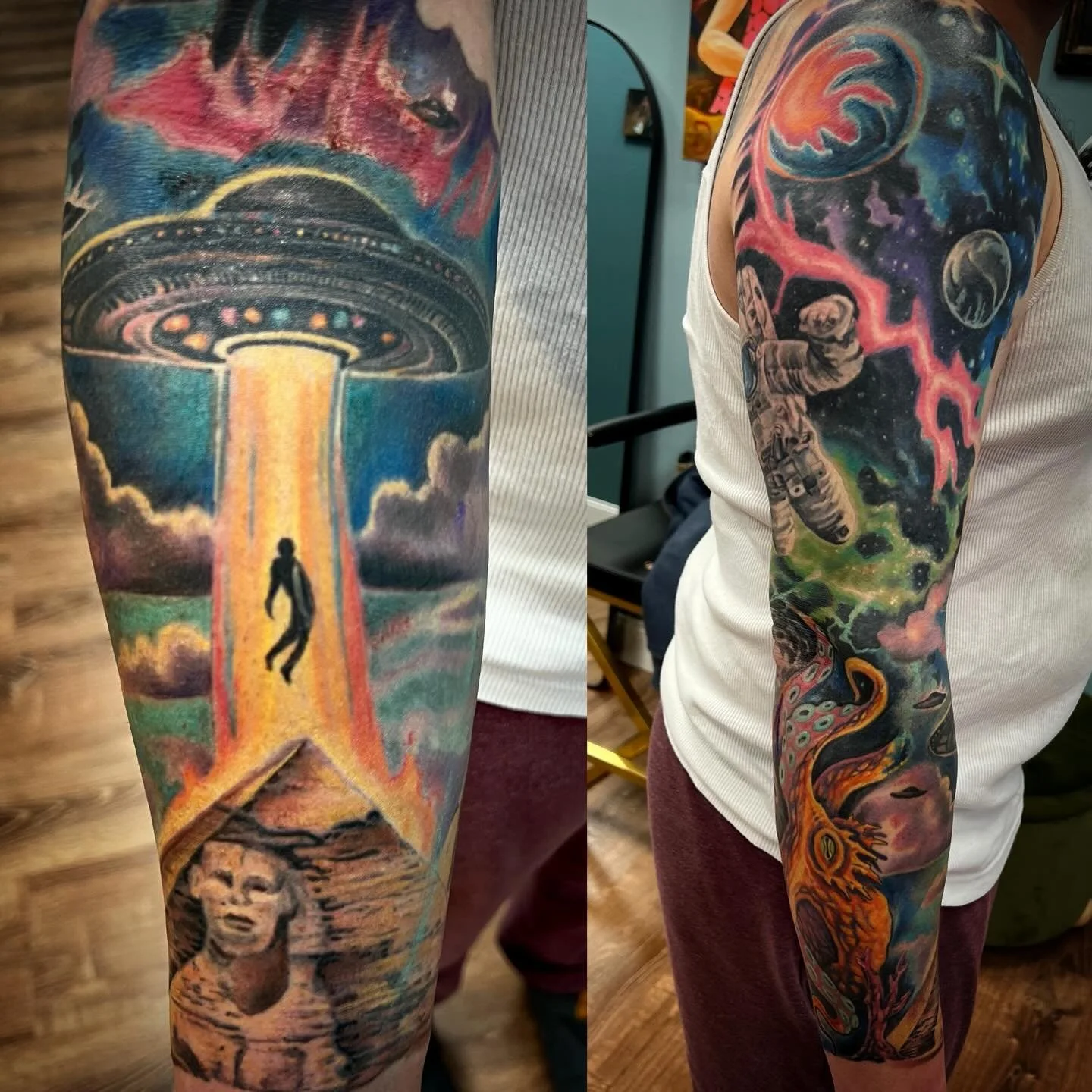 Thanks for looking!  #spacetattoo #egyptiantattoo #colortattoo #fiveoneseventattoojeannette #ttsbodybalm