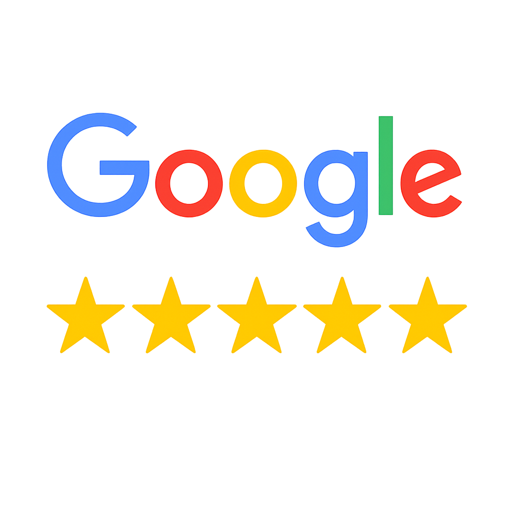 Neon Google logo with five yellow stars below, against a blurred colorful background.
