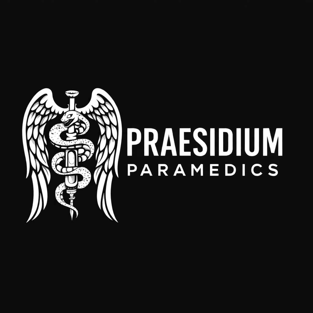 Black background with the white logo of Praesidium Paramedics, featuring a shield with a cross inside and the words 'Praesidium Paramedics.'