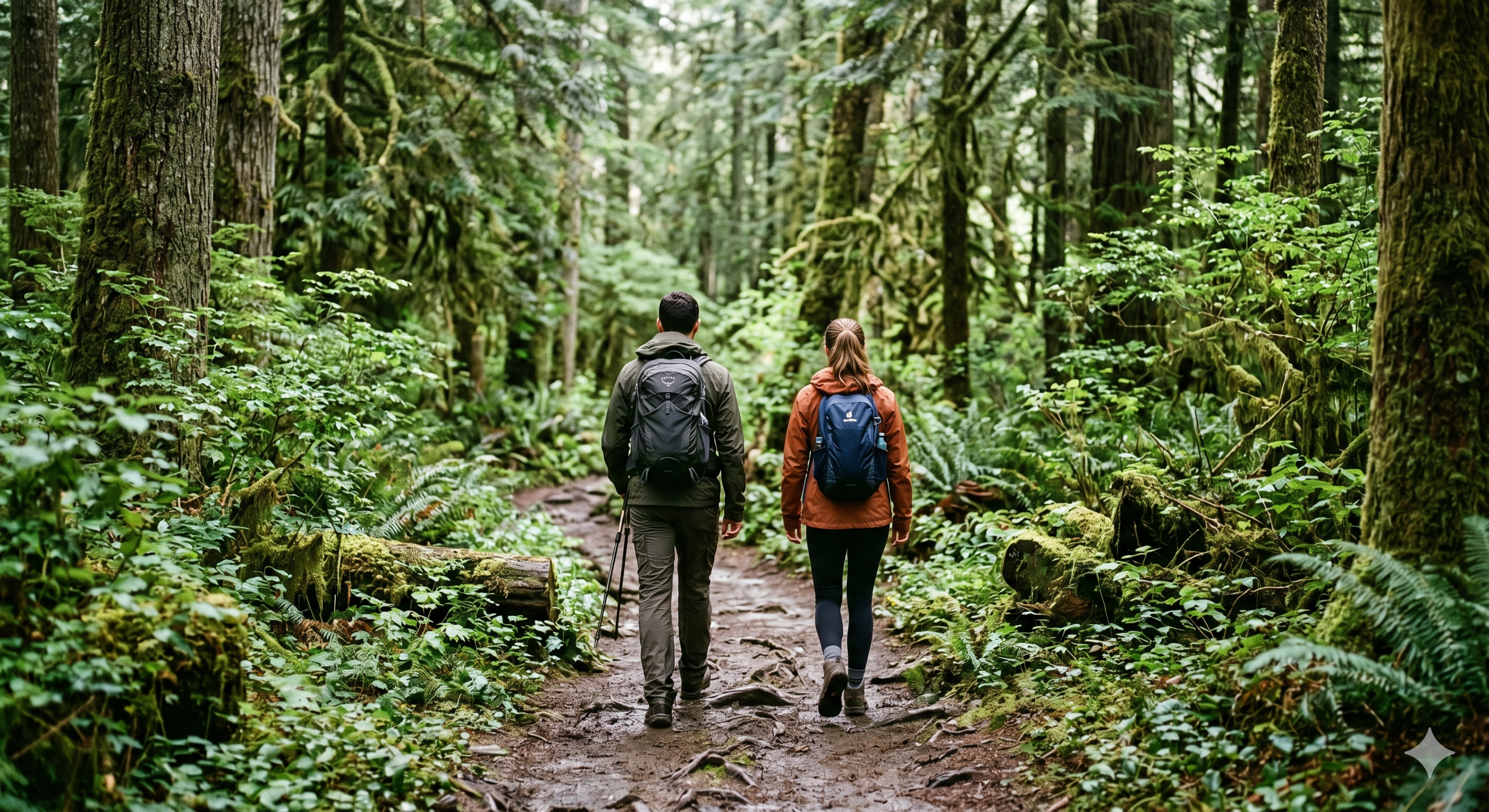 Two hikers with backpacks walking through a dense, green forest on a dirt trail.