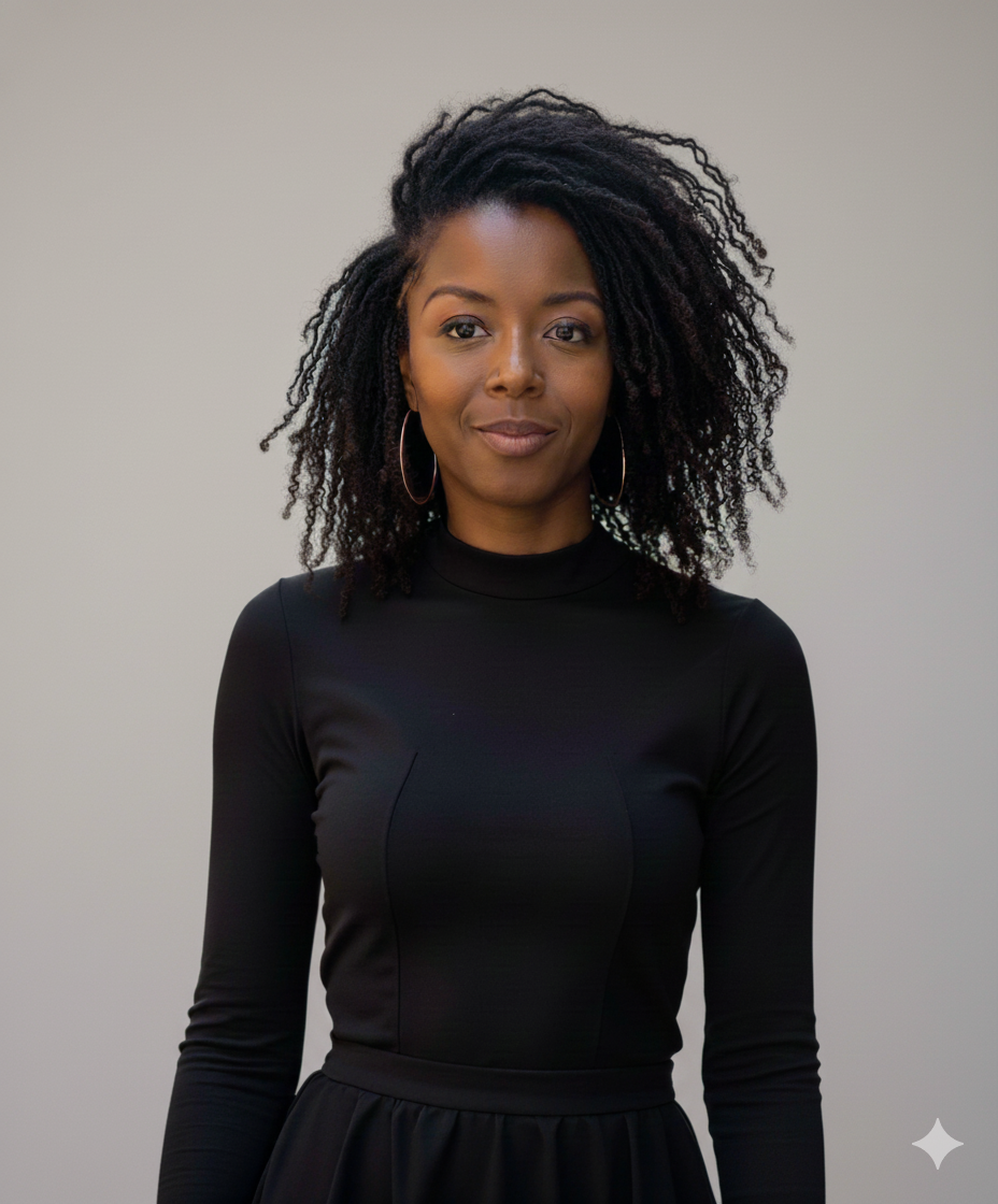 Portrait of a Black woman wearing a black long-sleeve turtleneck, standing against a plain light background, with hoop earrings and a subtle smile.