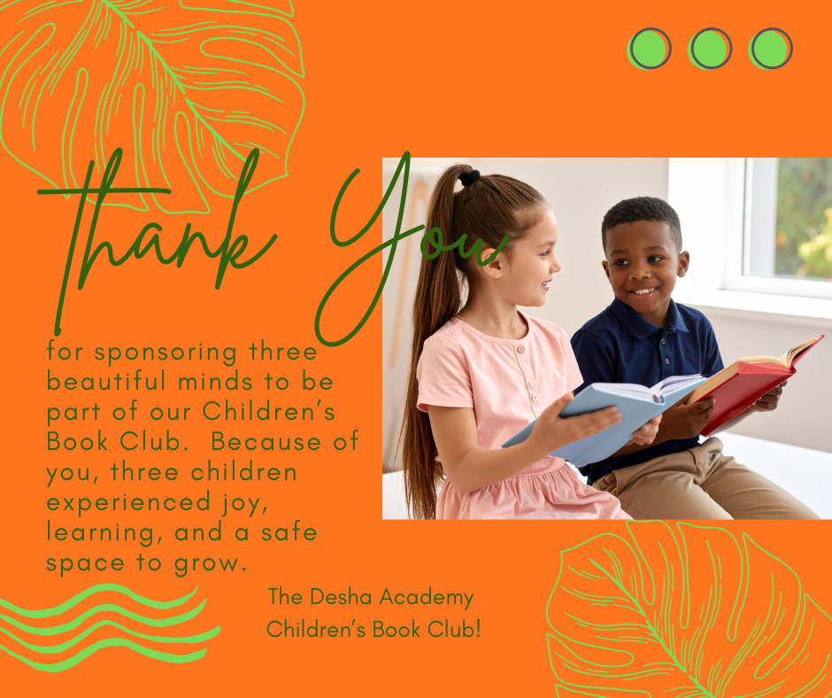 A thank you card with orange background, green decorative elements, and a photo of a girl and a boy reading books together near a window.