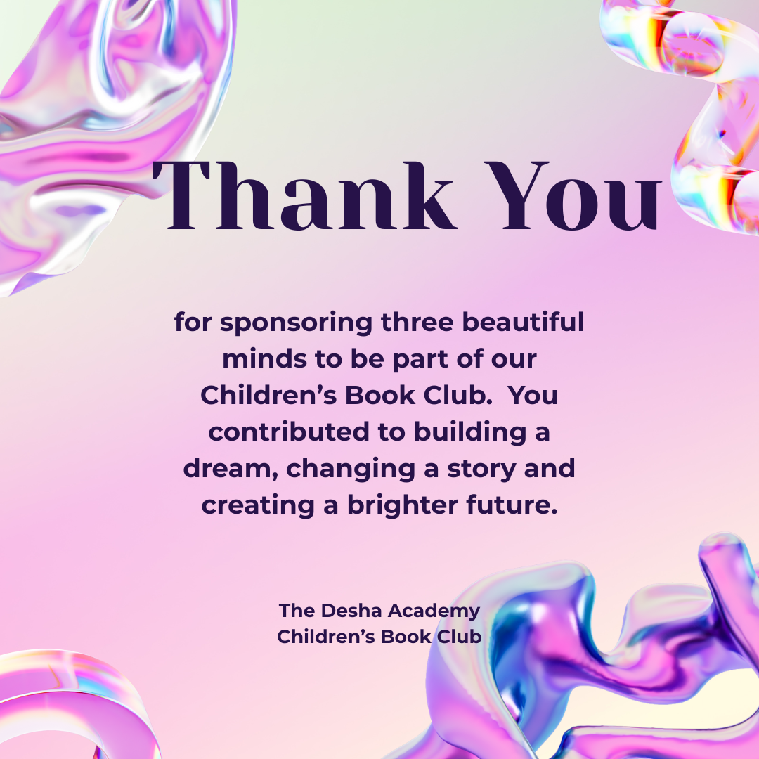 A colorful thank you message with a pastel background and abstract, shiny, decorative elements at the top left and bottom right corners. The message expresses gratitude to sponsors for supporting a children's book club.