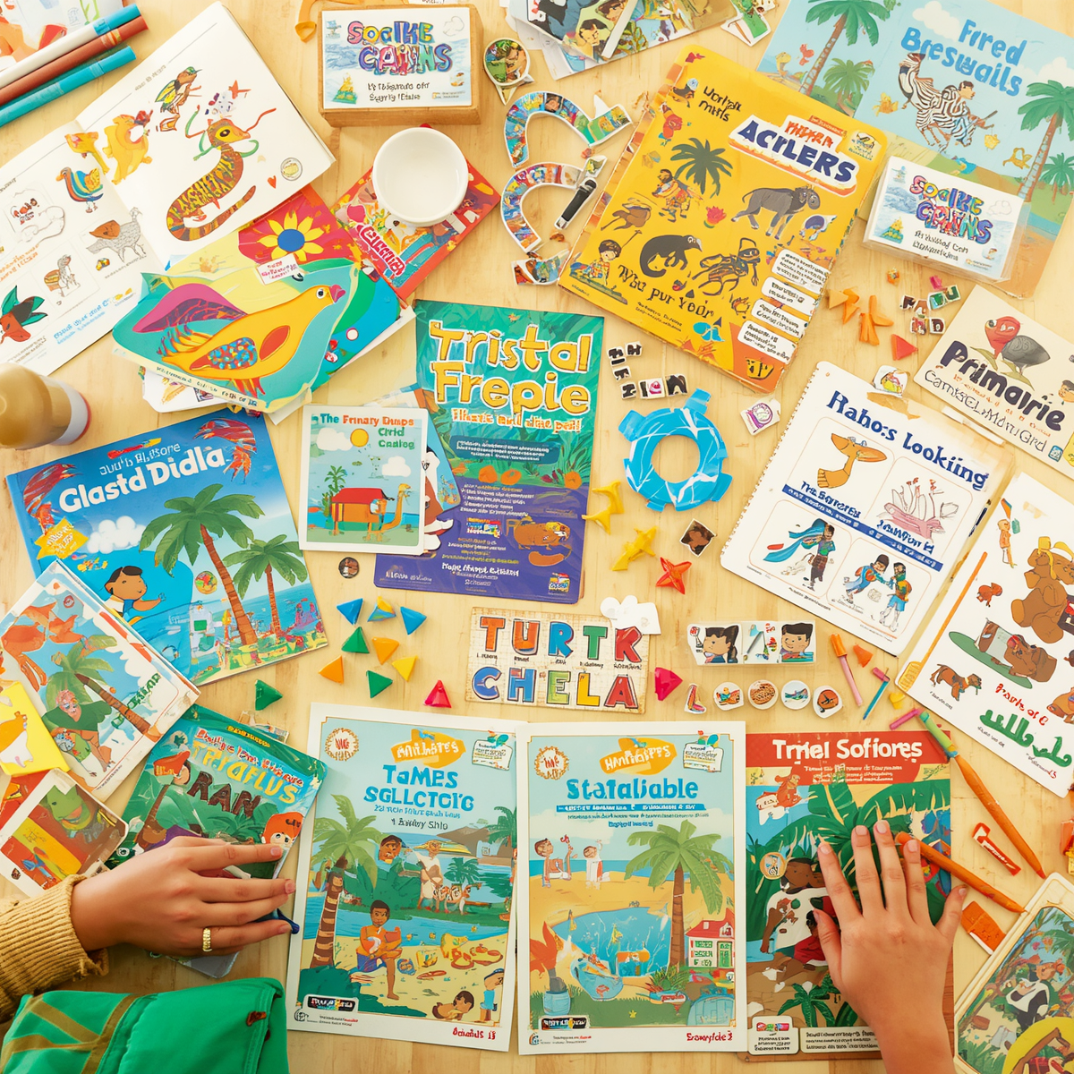 Table covered with colorful children's books, board games, and toys, including animal and jungle-themed illustrations and game pieces.