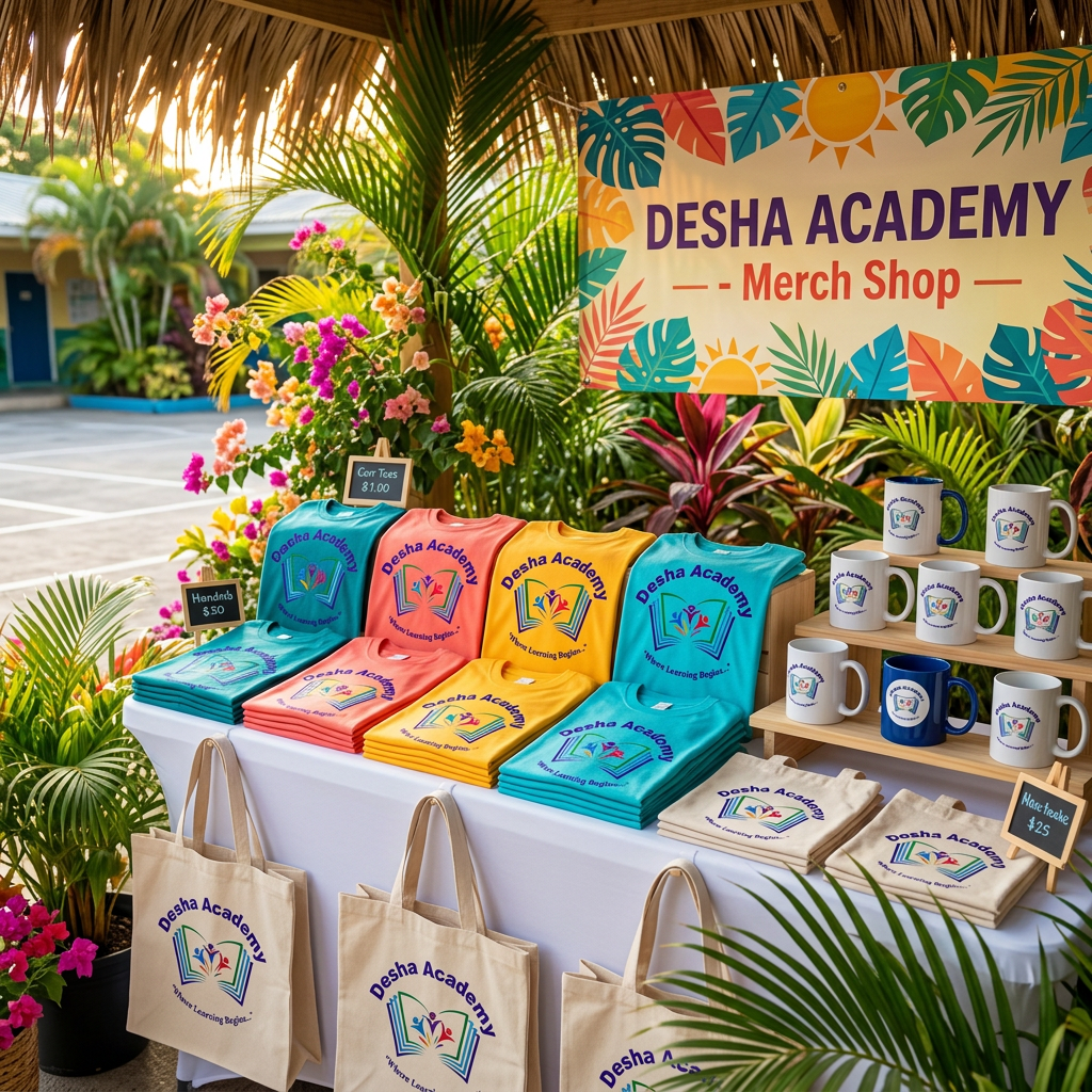 An outdoor merchandise booth with colorful T-shirts, mugs, and tote bags featuring the Desha Academy logo. A large banner reads 'Desha Academy Merch Shop.' Surrounding the booth are tropical plants and flowers, with other buildings and parking lot in the background.