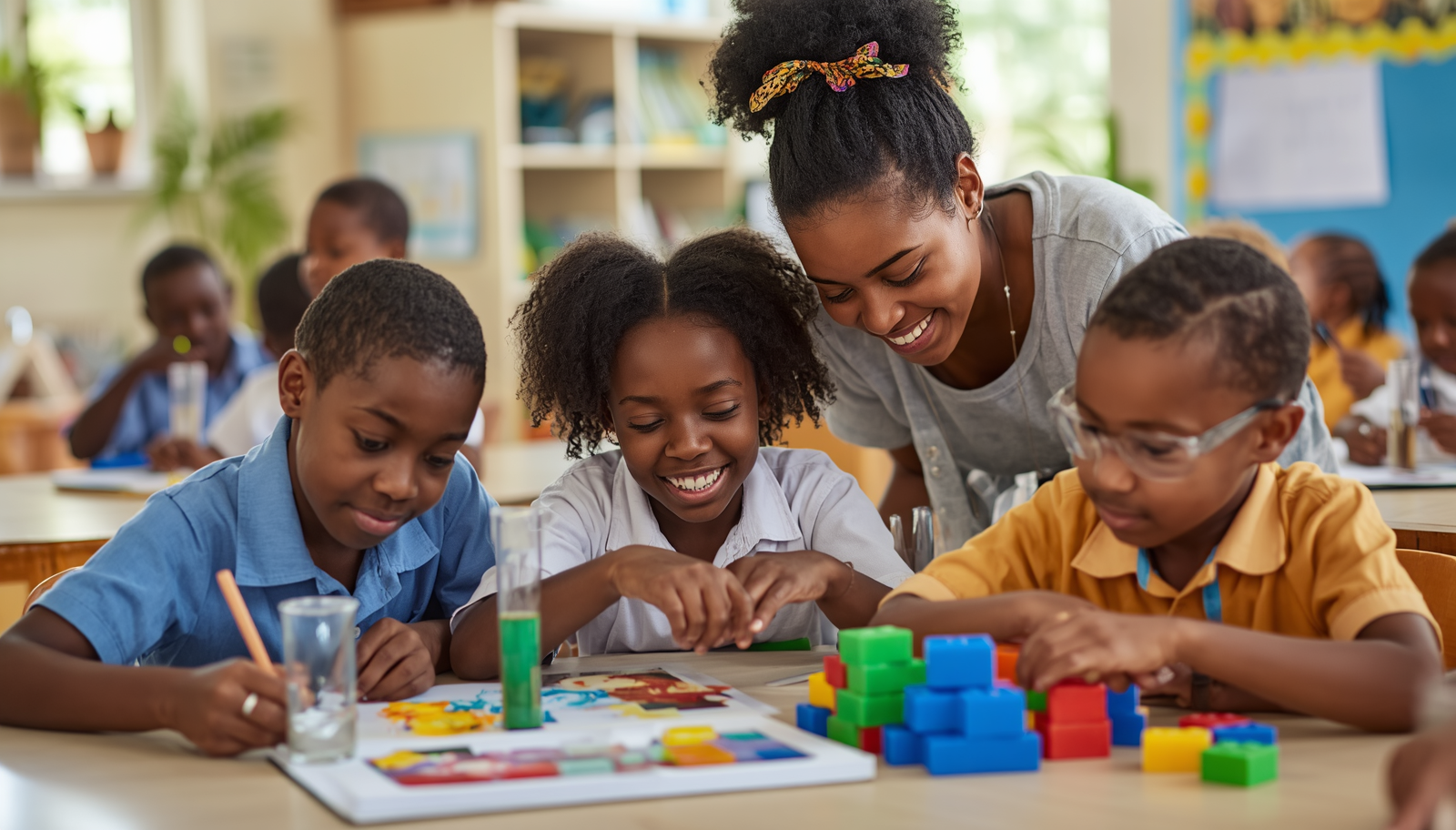 A teacher helping three young students with a science activity in a classroom, with other children working in the background.