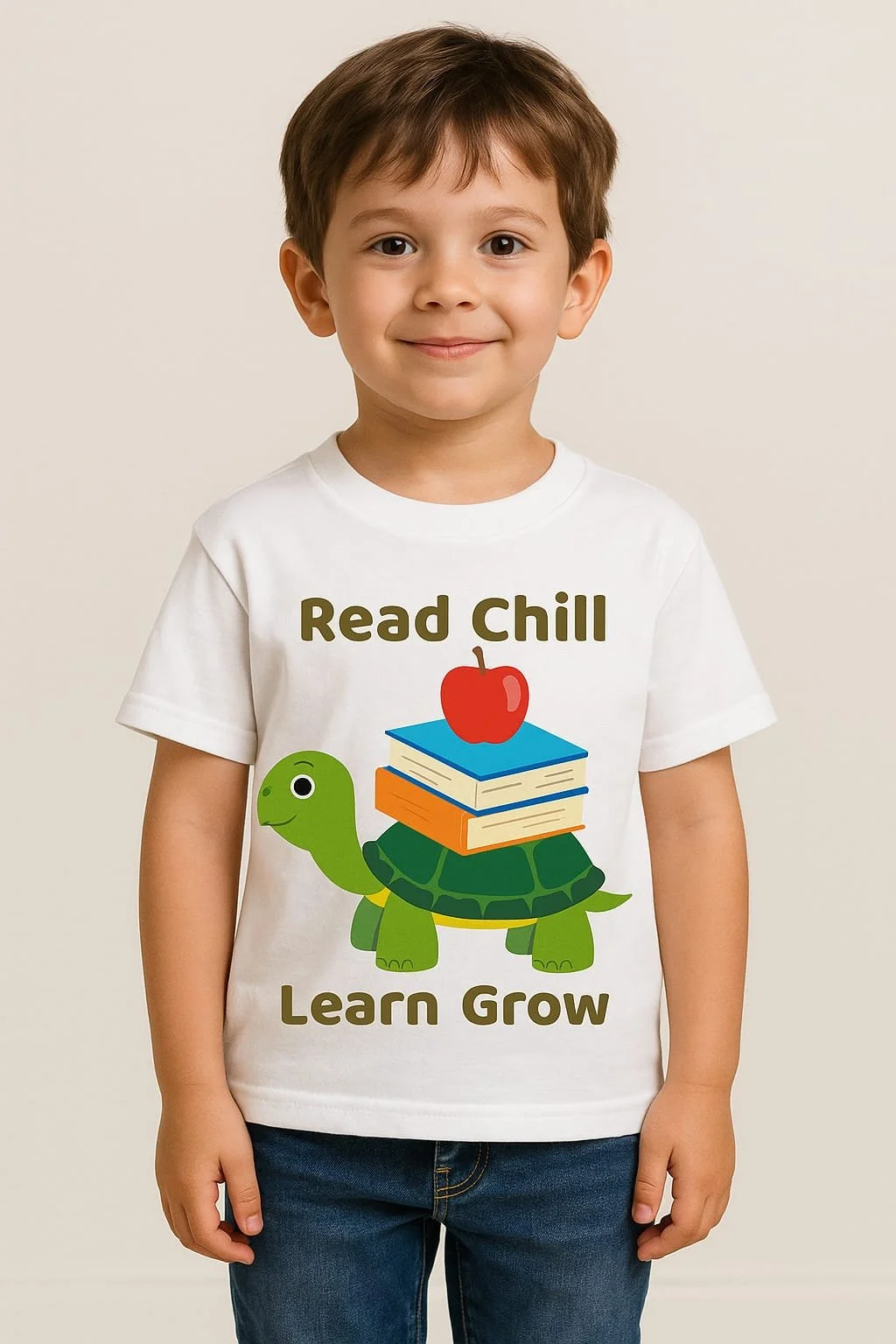 A young boy wearing a white t-shirt with a graphic of a turtle, books, and an apple with the text 'Read Chill Learn Grow'.