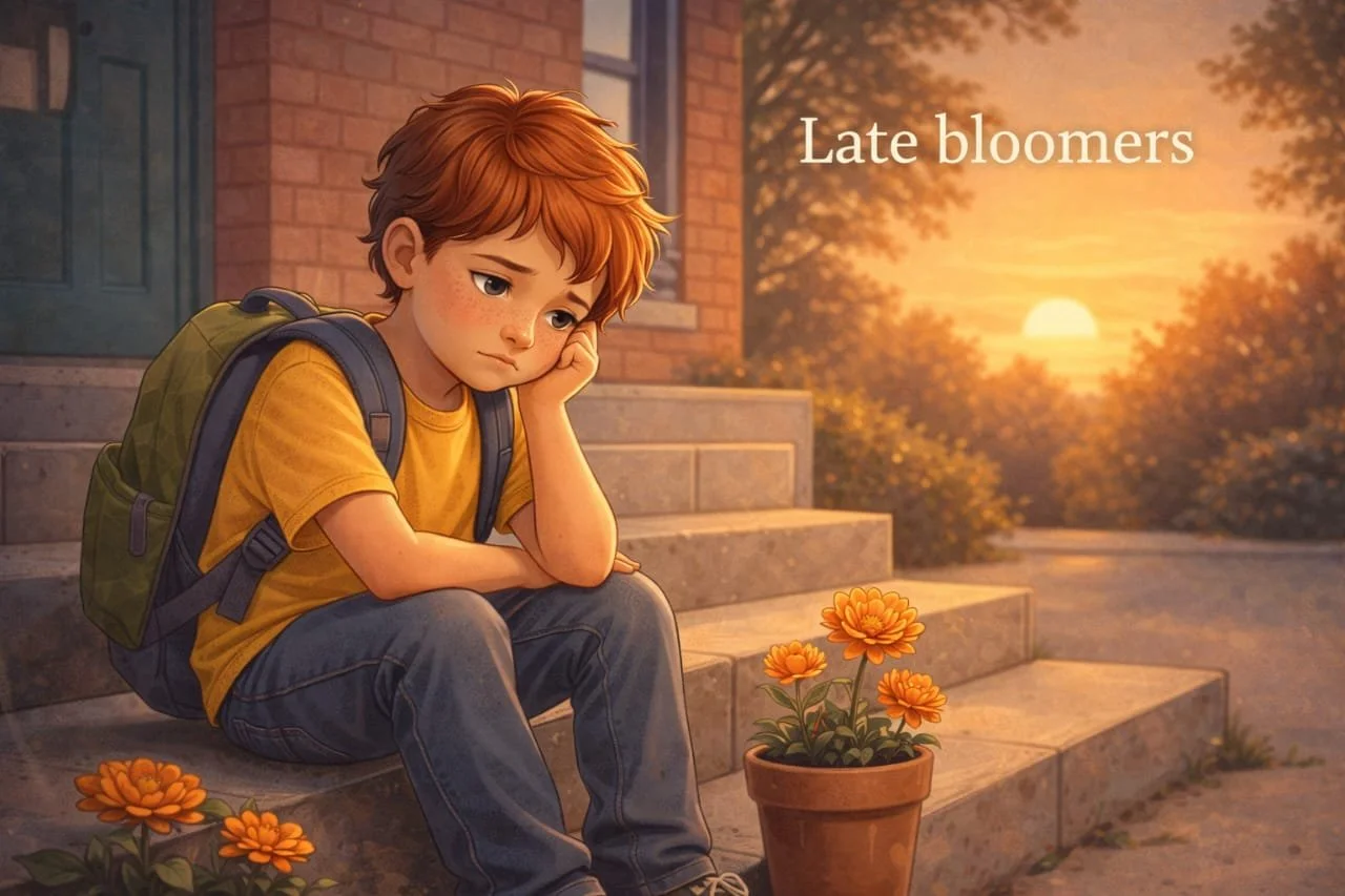 A boy sitting outside a school sulking...