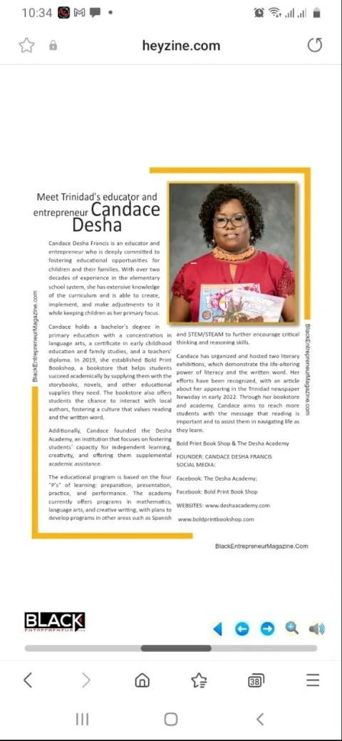 A webpage featuring Candace Desha, an educator and entrepreneur from Trinidad, holding children's books, with a profile written about her background, accomplishments, and her educational initiatives.