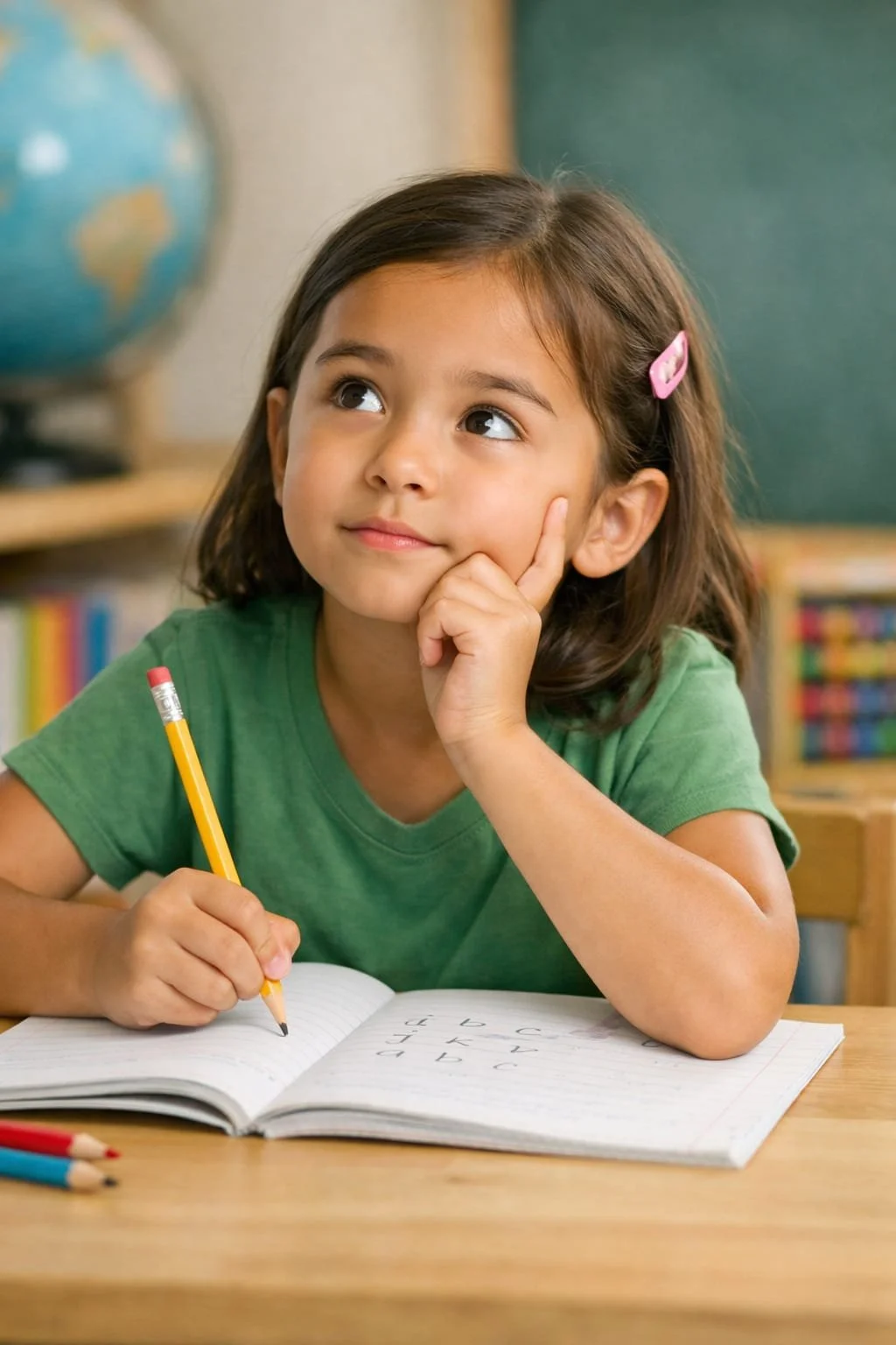 A young child holding a pencil and resting here finger on her cheek while thinking during a writing activity.