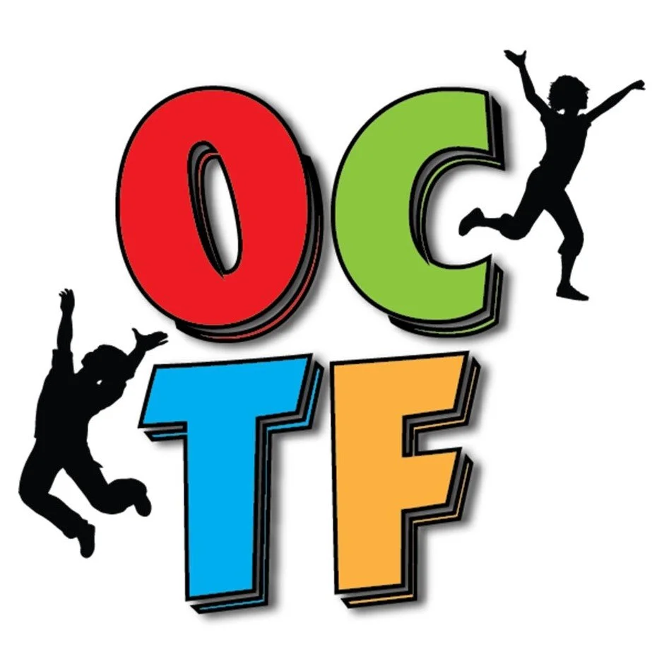 Colorful letters spelling "OCTF" with silhouettes of children jumping around them on a white background.