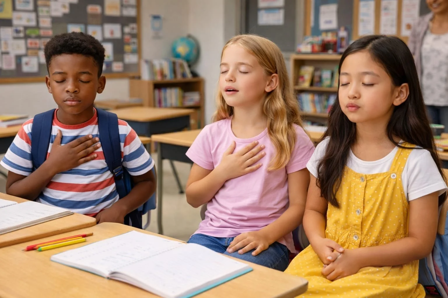 Primary school children practising emotional regulation by taking deep breaths.