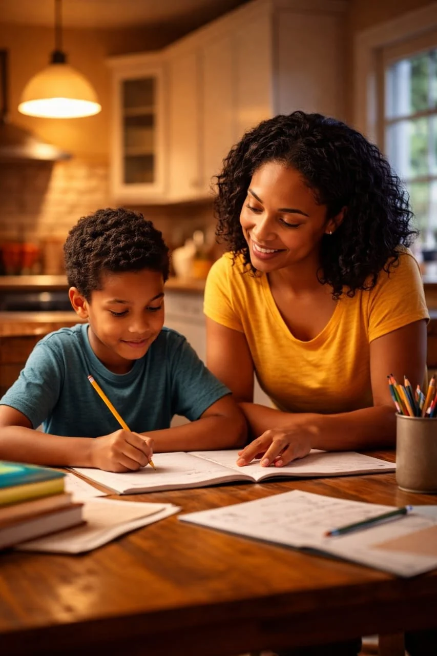 A mother is calmly explaining her child's homework