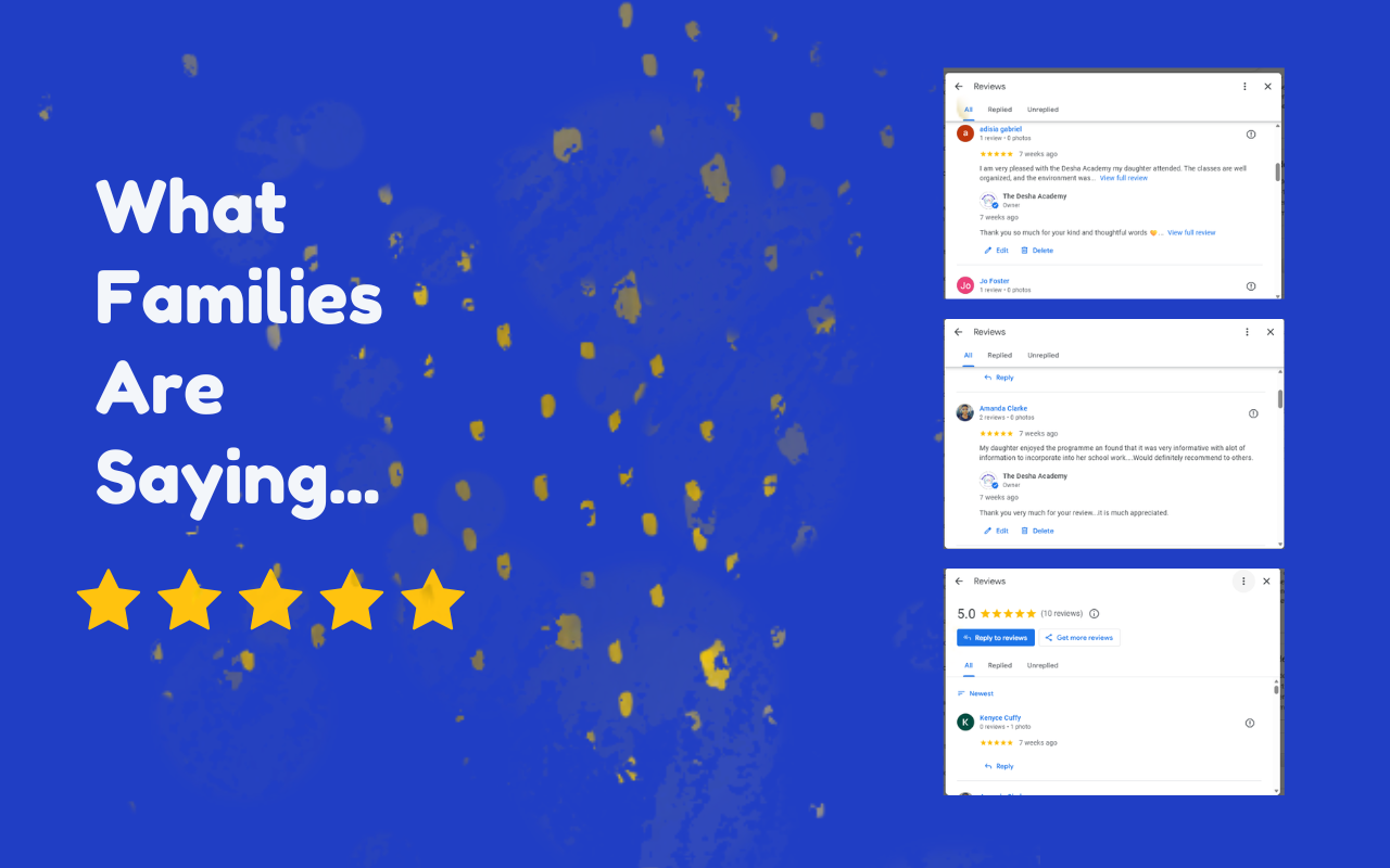 A blue background with scattered gold and gray confetti. The text 'What Families Are Saying...' is written in white, bold letters on the left side, with five yellow stars below it. On the right side, there are three screenshots of online reviews with five-star ratings.