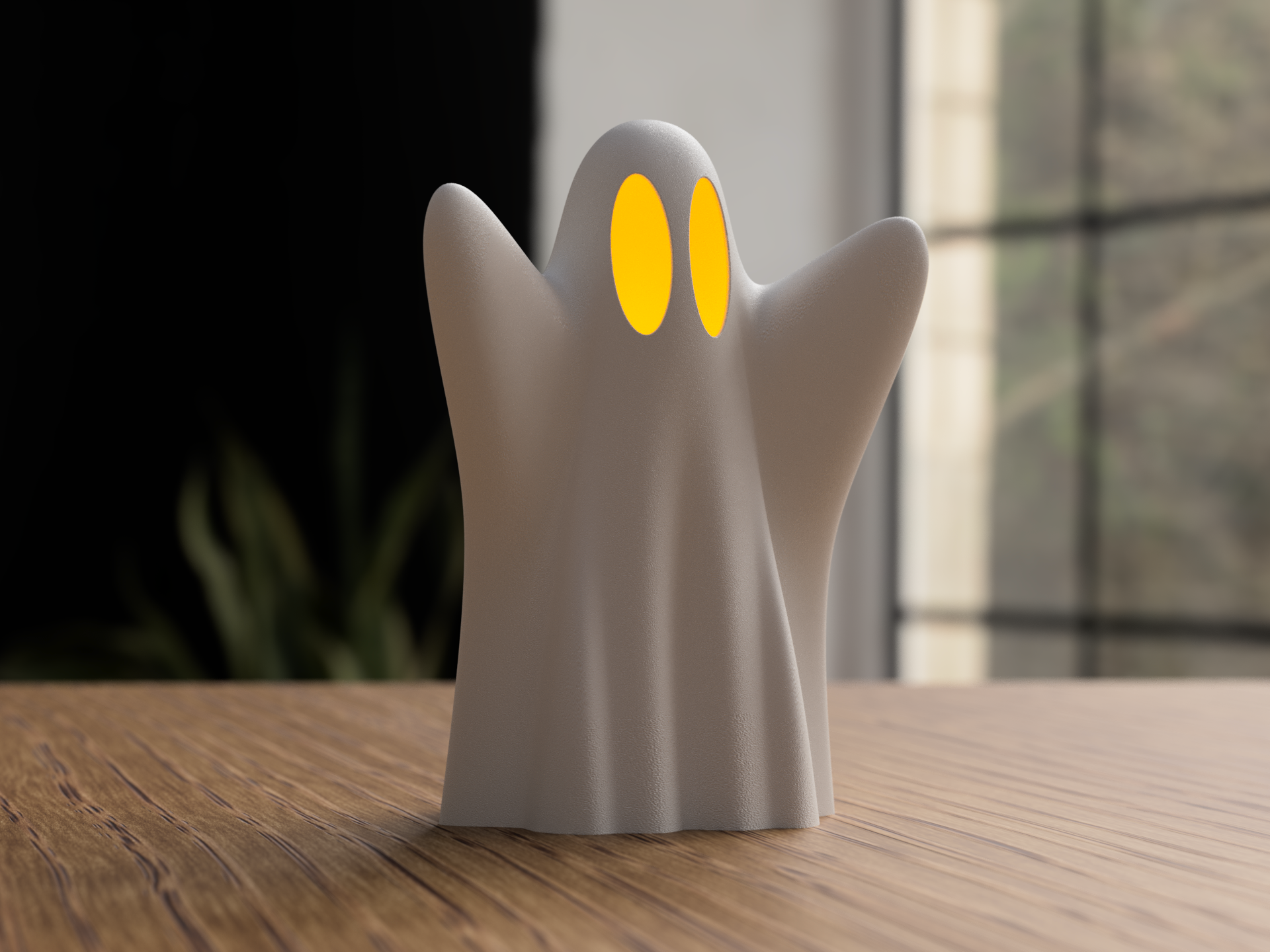 A ceramic ghost figurine with yellow eyes on a wooden surface, near a window with out-of-focus plants and trees in the background.