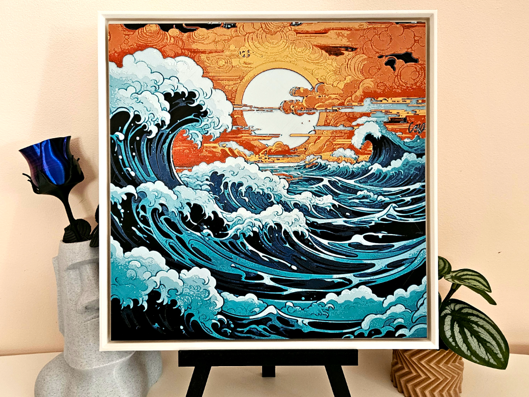 A painting of a sunset over turbulent ocean waves, with the sun setting in the background and large waves in the foreground.