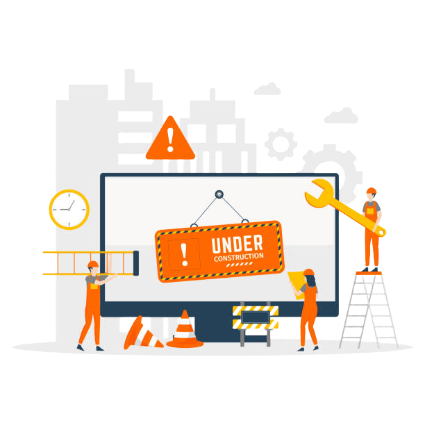 Illustration of a computer monitor with an 'Under Construction' warning sign and a caution triangle, surrounded by construction workers installing or repairing the screen, with tools, safety cones, and a clock in the background.