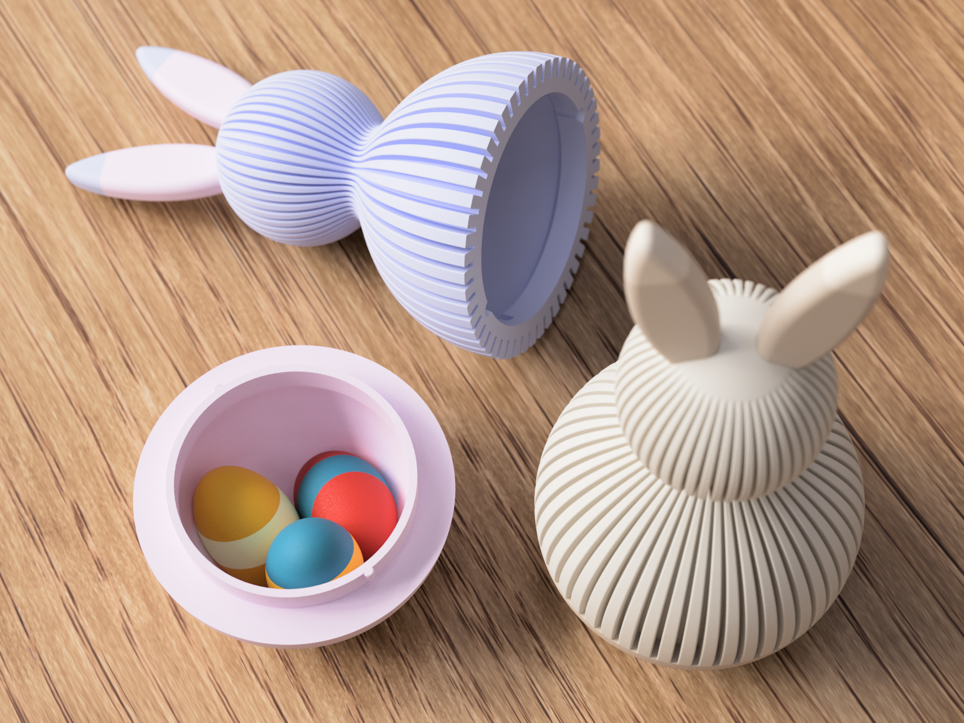 Decorative rabbit-shaped containers on a wooden floor, one with a lid and two with bunny ears, a white bowl with colorful eggs.