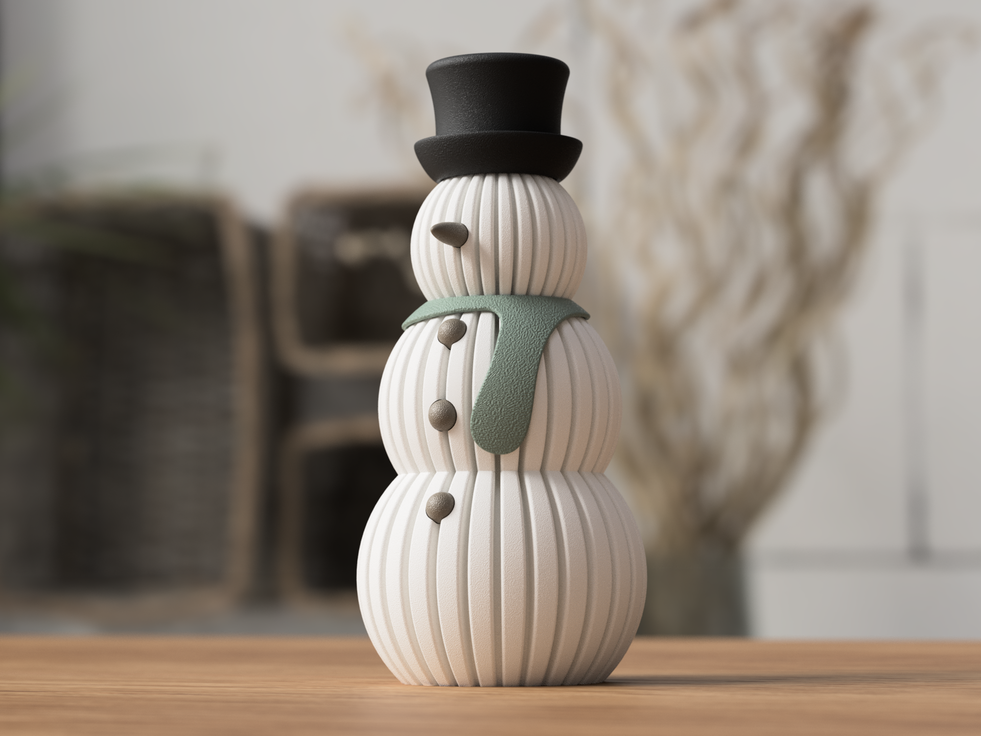 Decorative snowman figure with a black top hat, green scarf, and dark buttons, placed on a wooden surface with blurred background.