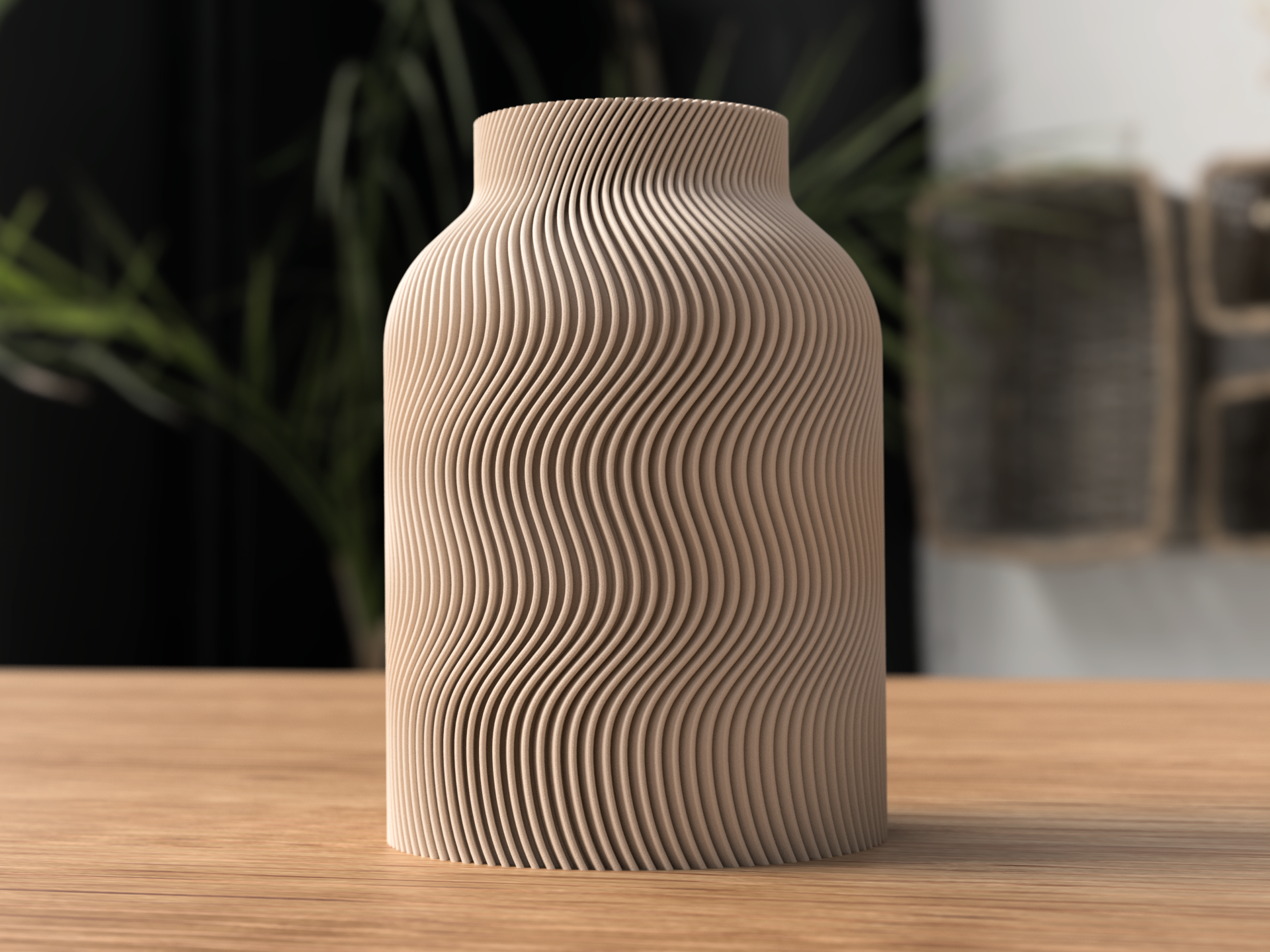 Modern beige ceramic vase with textured, wave-like ridges on a wooden surface, with blurred indoor background.