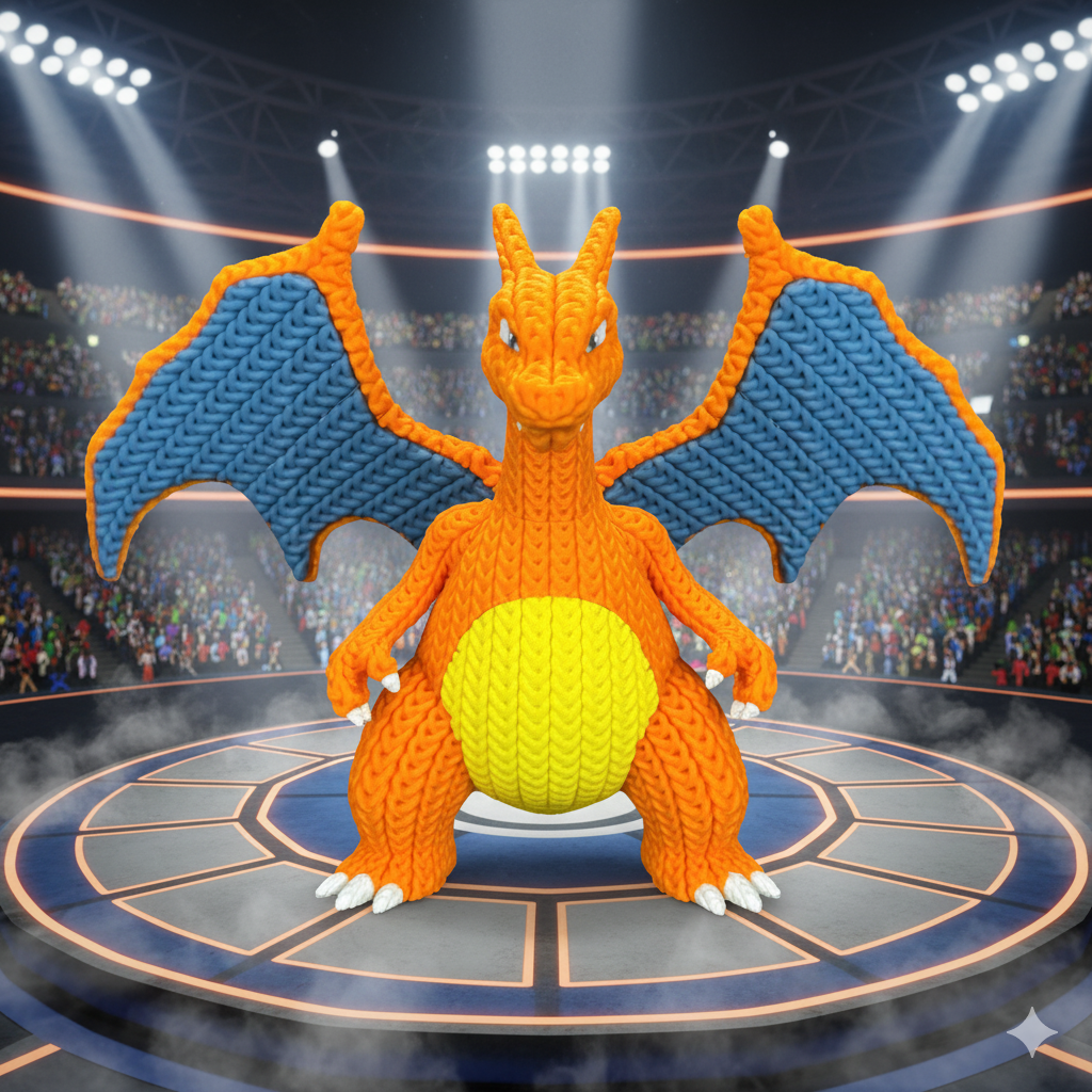 A large, knitted, orange and blue dragon mascot with wings, standing on a circular platform inside a stadium with an audience and bright lights.