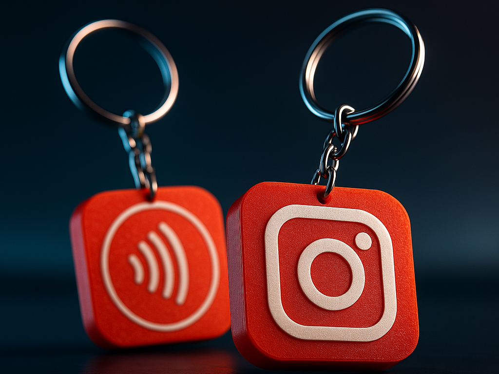 Red keychains with contactless payment symbol and Instagram logo, hanging from metal rings