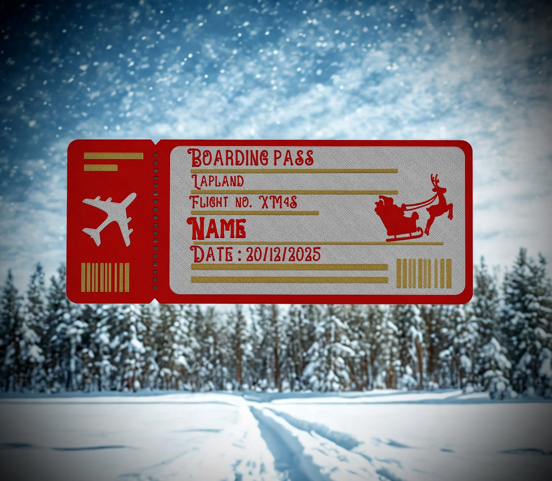 A Christmas-themed boarding pass for Lapland with flight number XTM48 and date 20/12/2025, featuring a sleigh with reindeer graphic, set against a snowy forest background.