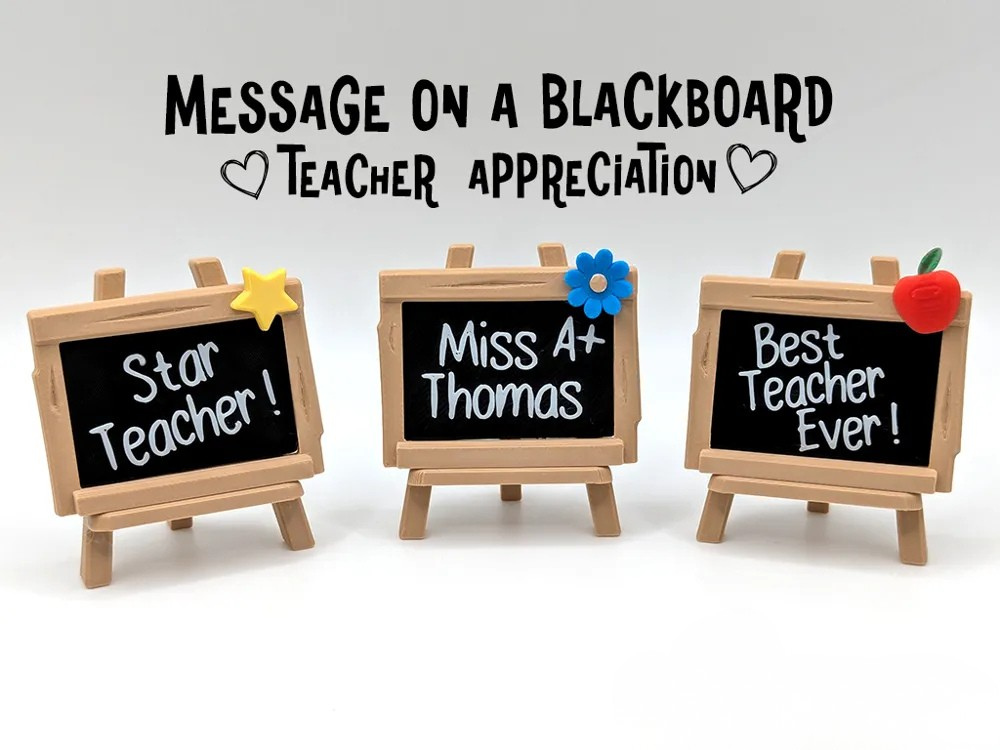 Three small blackboards on wooden stands with messages for teacher appreciation, with magnetic decorations and a handwritten message above that reads, 'Message on a blackboard Teacher Appreciation'.