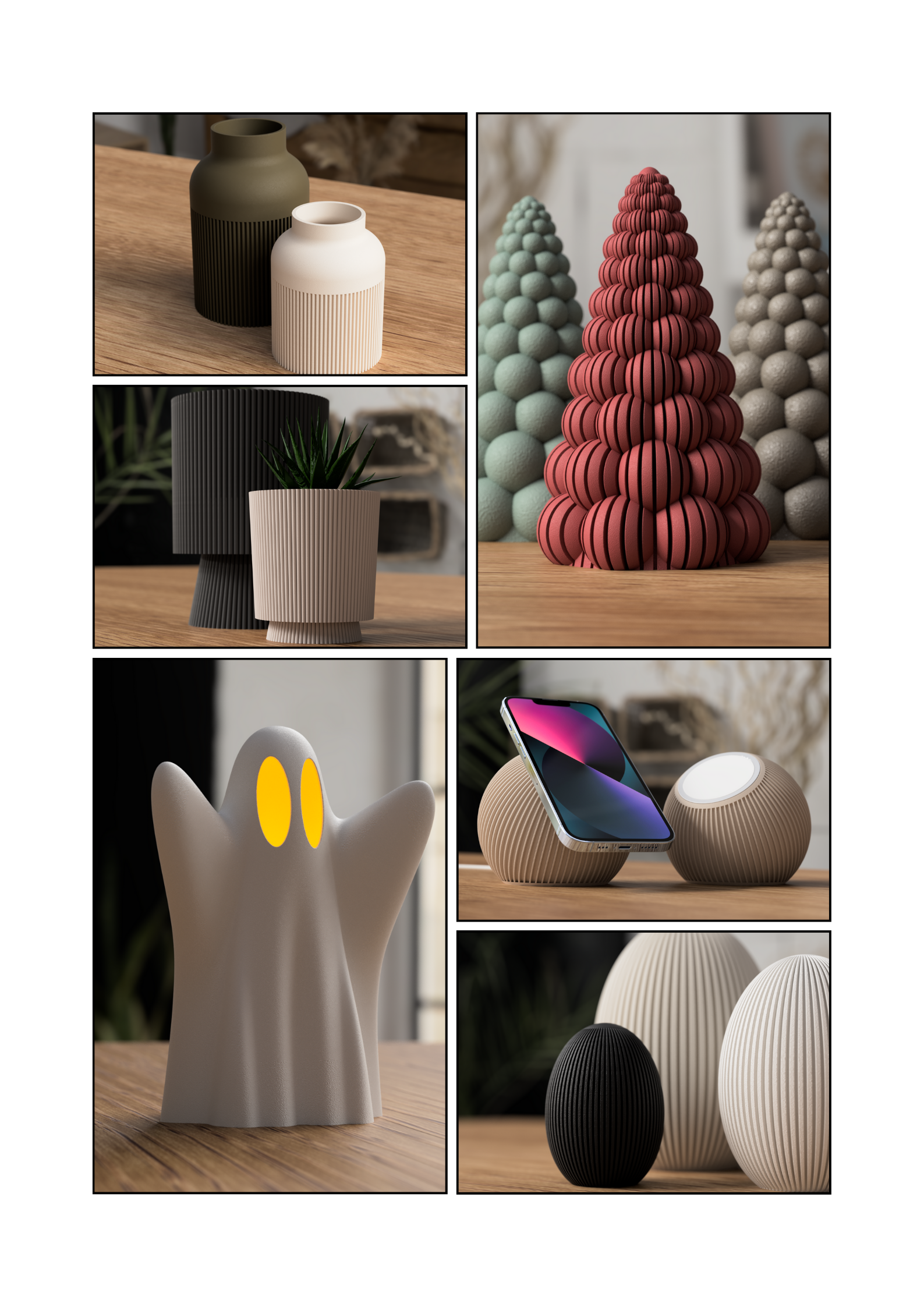 Collection of modern home decor items including vases, sculptural objects, plants, and electronic devices on wooden surfaces.