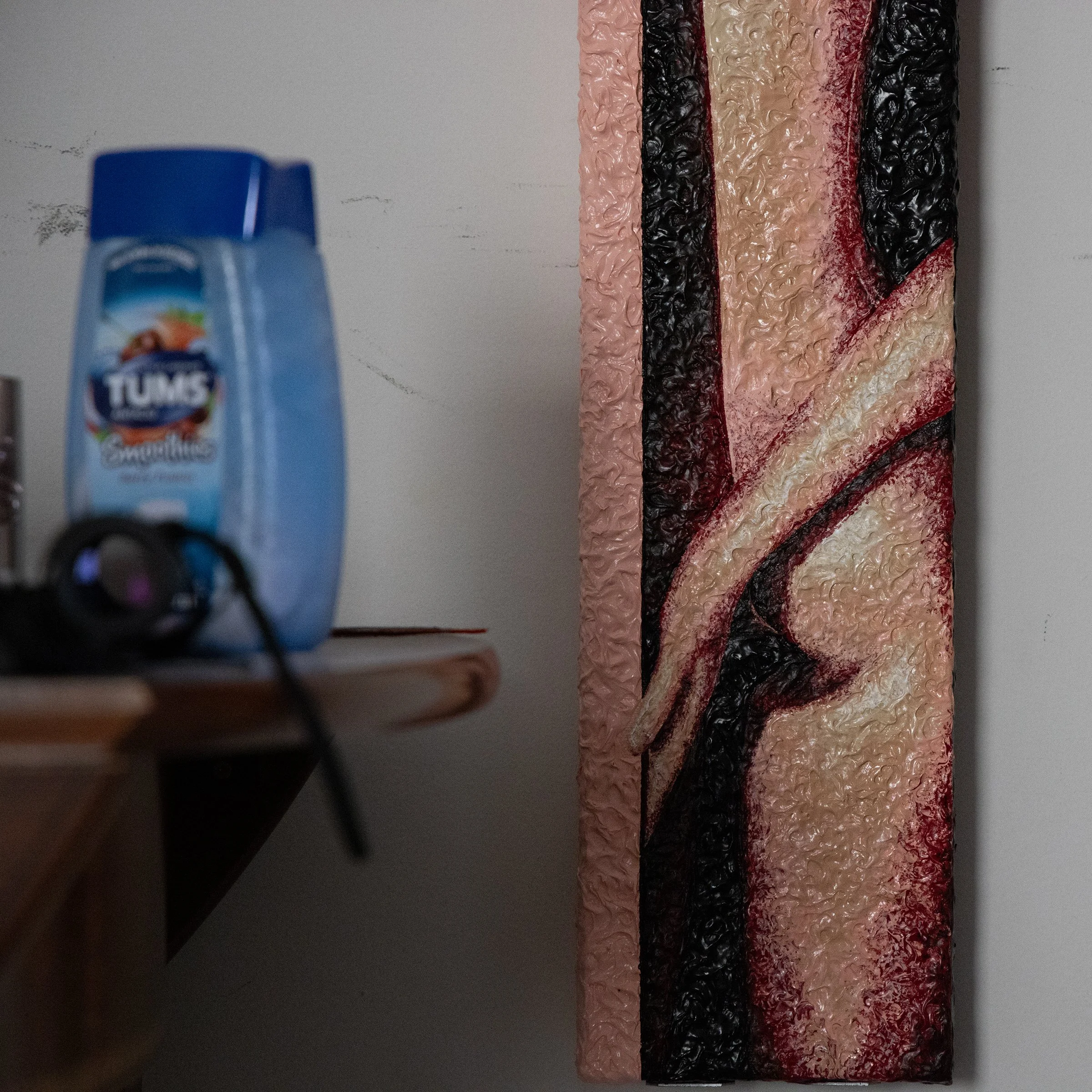 "we listen and we judge" (2025, acrylic on canvas)