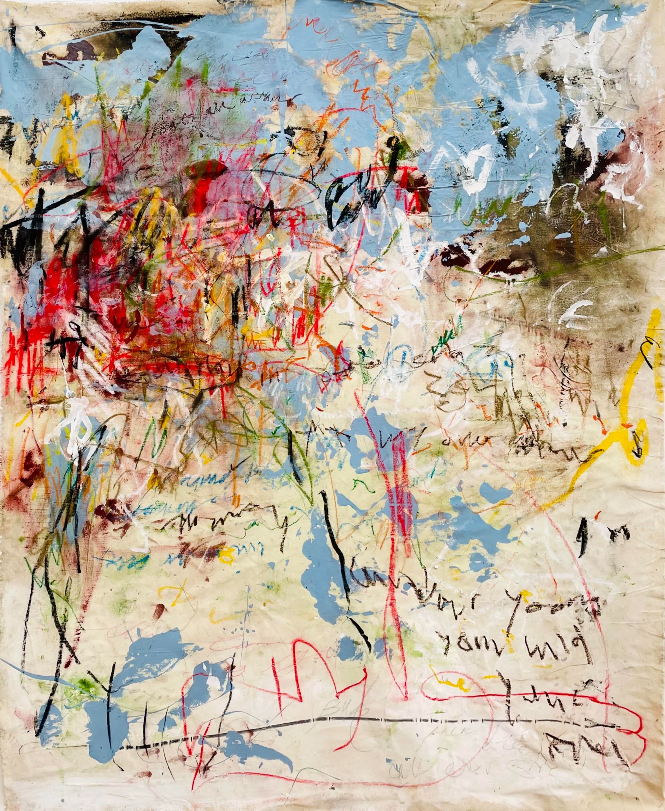 and i know what you’re like when the party ends - 
2023 - 
Acrylic, Oil Paint, Gesso, Pastel on Canvas - 
6’2 ft x 5’3 ft