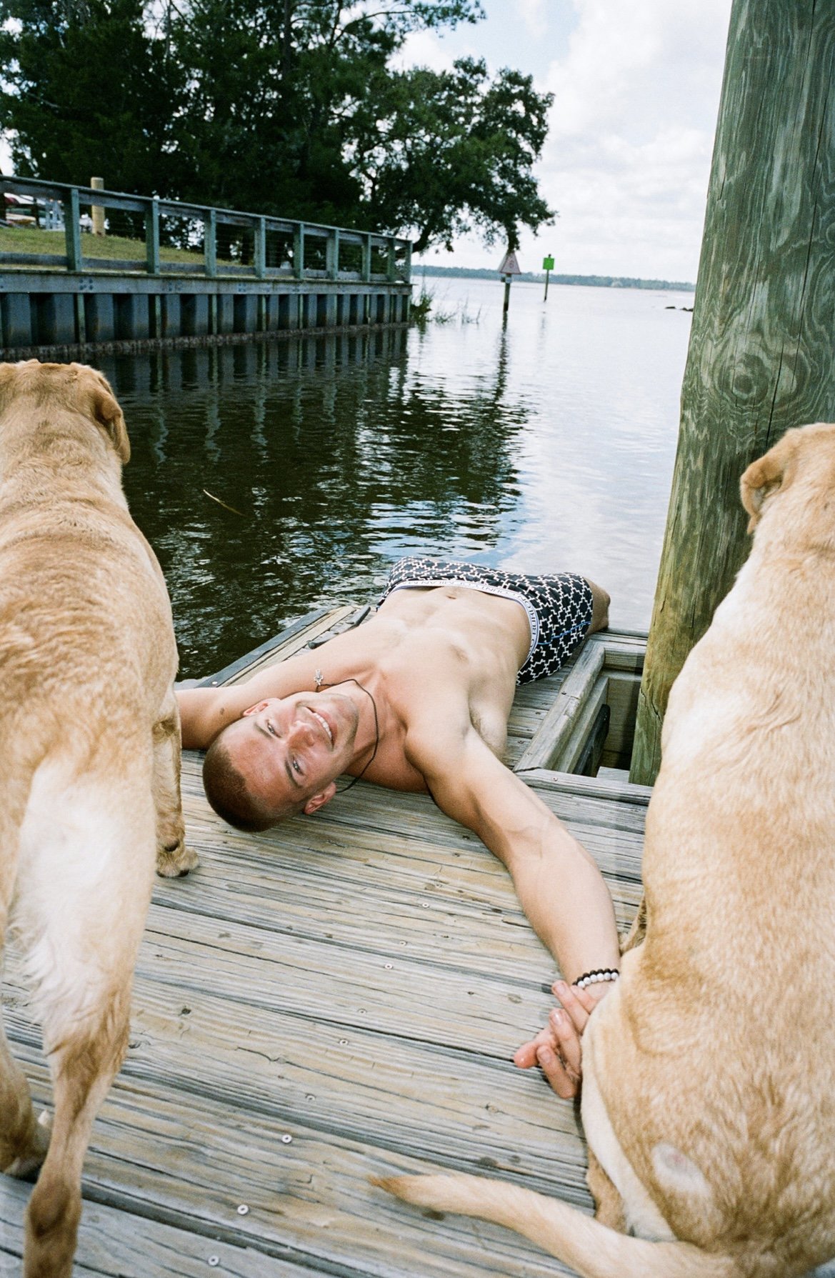 A topless man lying on a wooden dock, holding hands with two large yellow dogs, near a body of water with trees and a guardrail in the background.