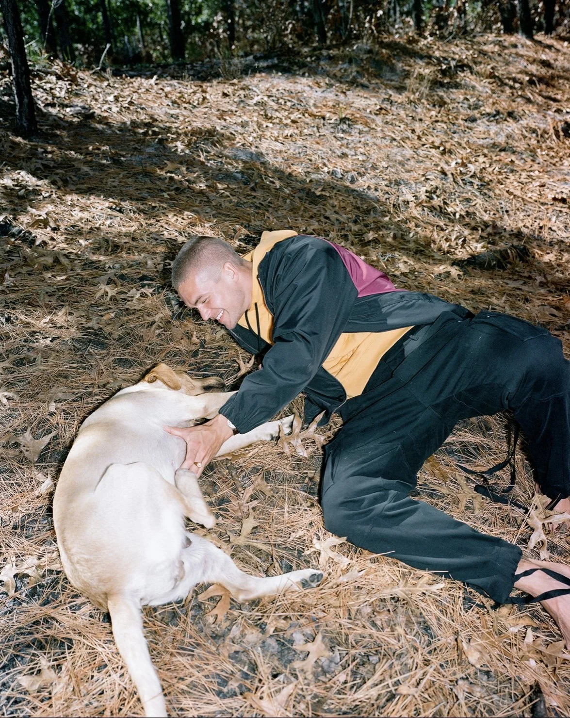 A man in outdoor clothing playfully wrestling with a Labrador retriever dog on a forest floor covered in leaves and pine needles.