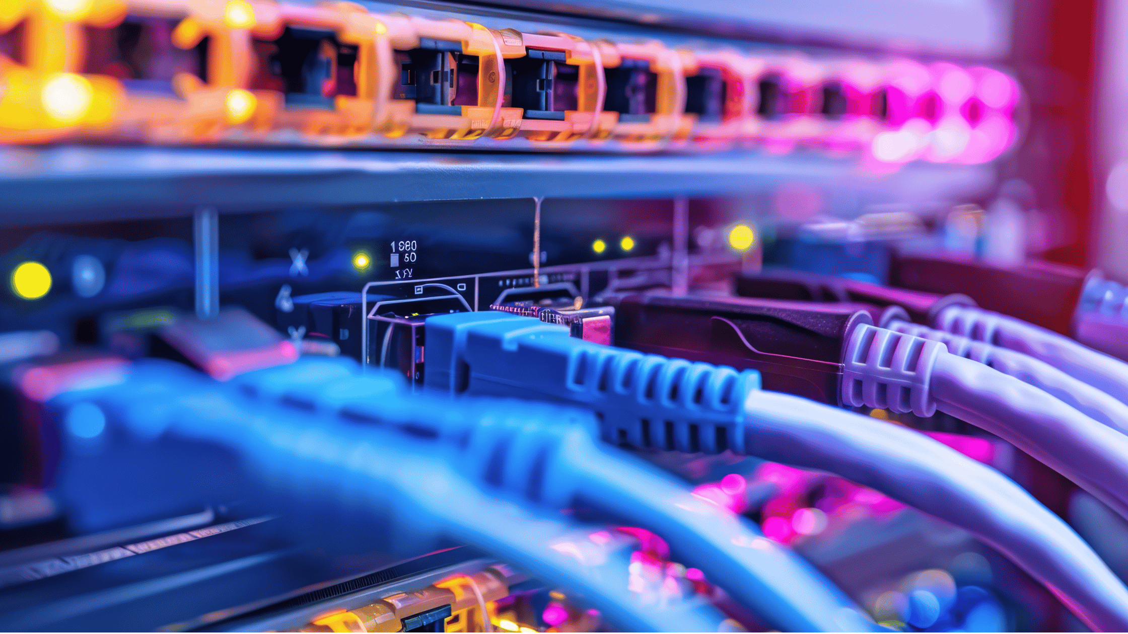 Close-up of a network server rack with colorful LAN cables connected, illuminated with vibrant neon pink, purple, and orange lighting.