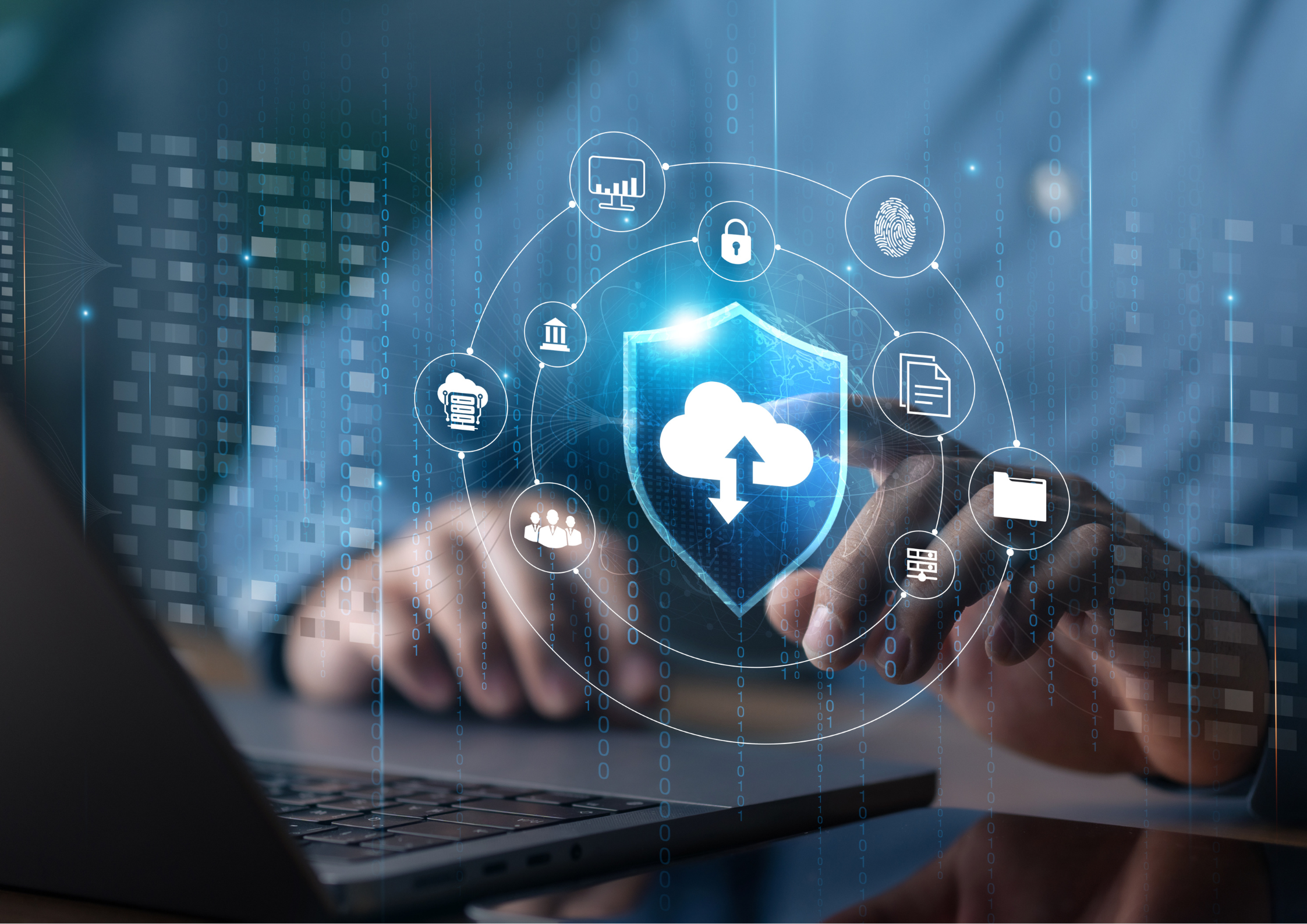 A person using a laptop with a digital overlay of cloud computing and cybersecurity icons, including a shield, cloud upload/download, fingerprint, folder, and document symbols.