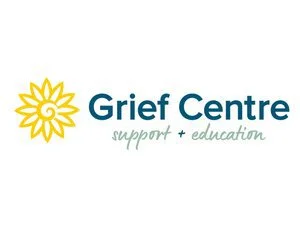 Grief Centre logo with a yellow flower and teal text that reads 'support + education.'