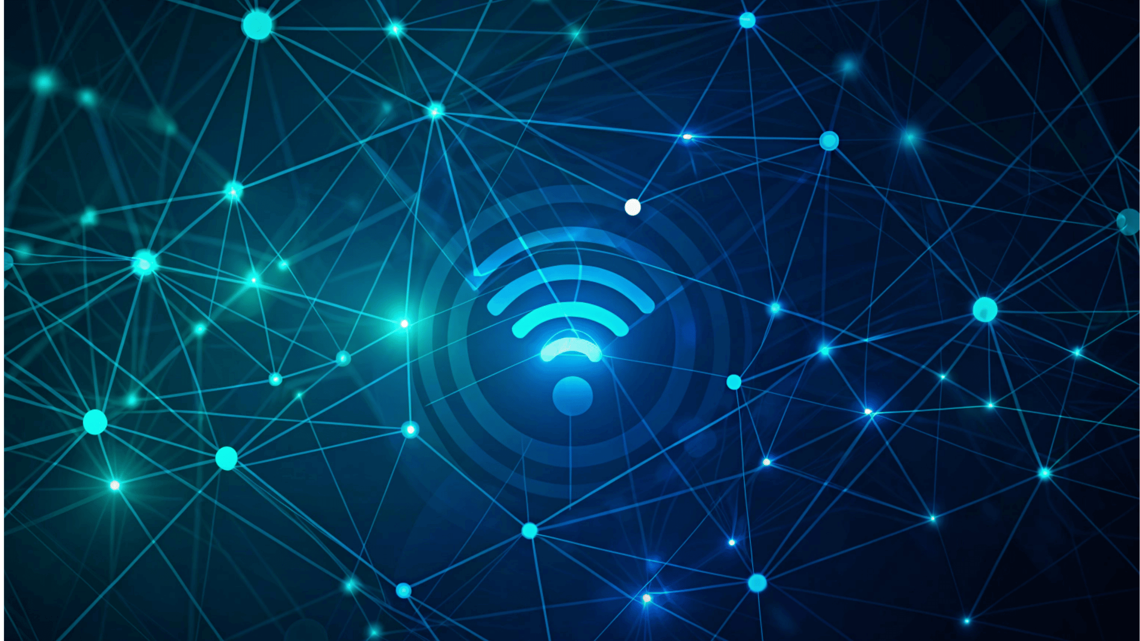 Digital illustration of a wireless Wi-Fi signal icon surrounded by an interconnected network of glowing blue nodes and lines on a dark background.