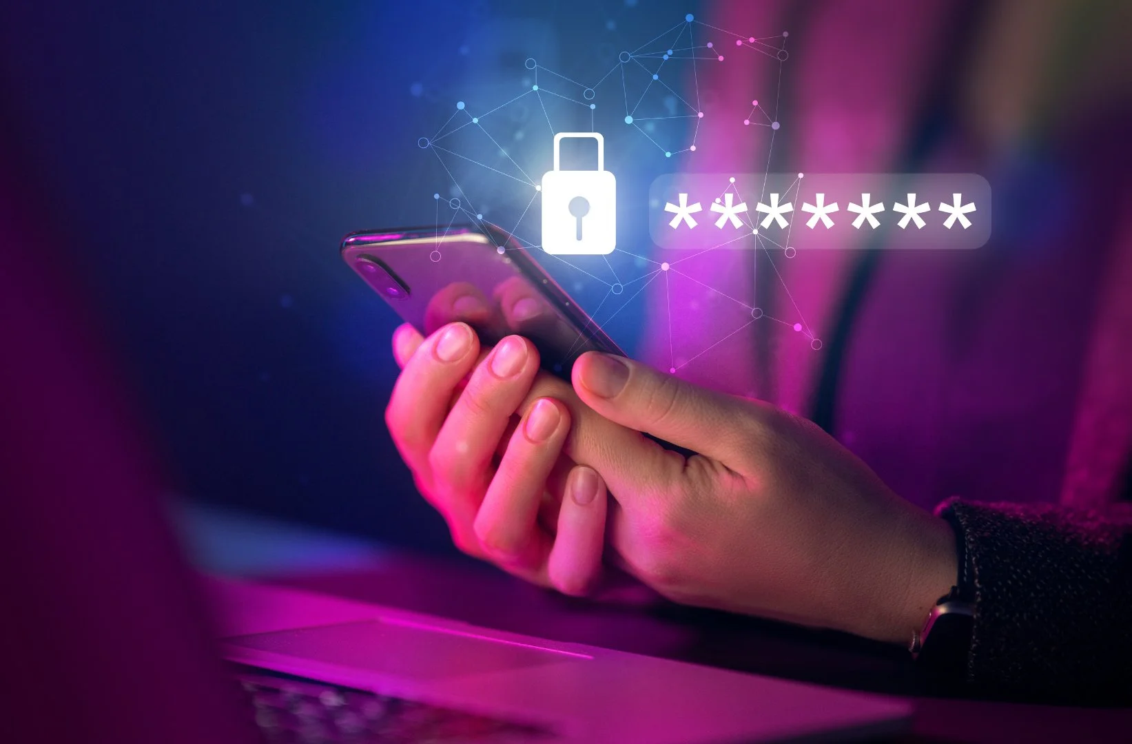 Person holding a smartphone with digital security icons, including a padlock and a row of asterisks representing a password, overlaid in a colorful digital theme.
