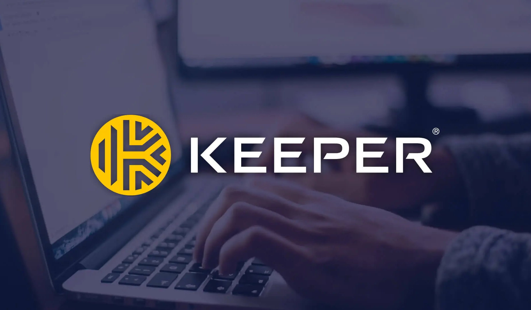 A person typing on a laptop keyboard with the logo and name 'Keeper' overlaid.