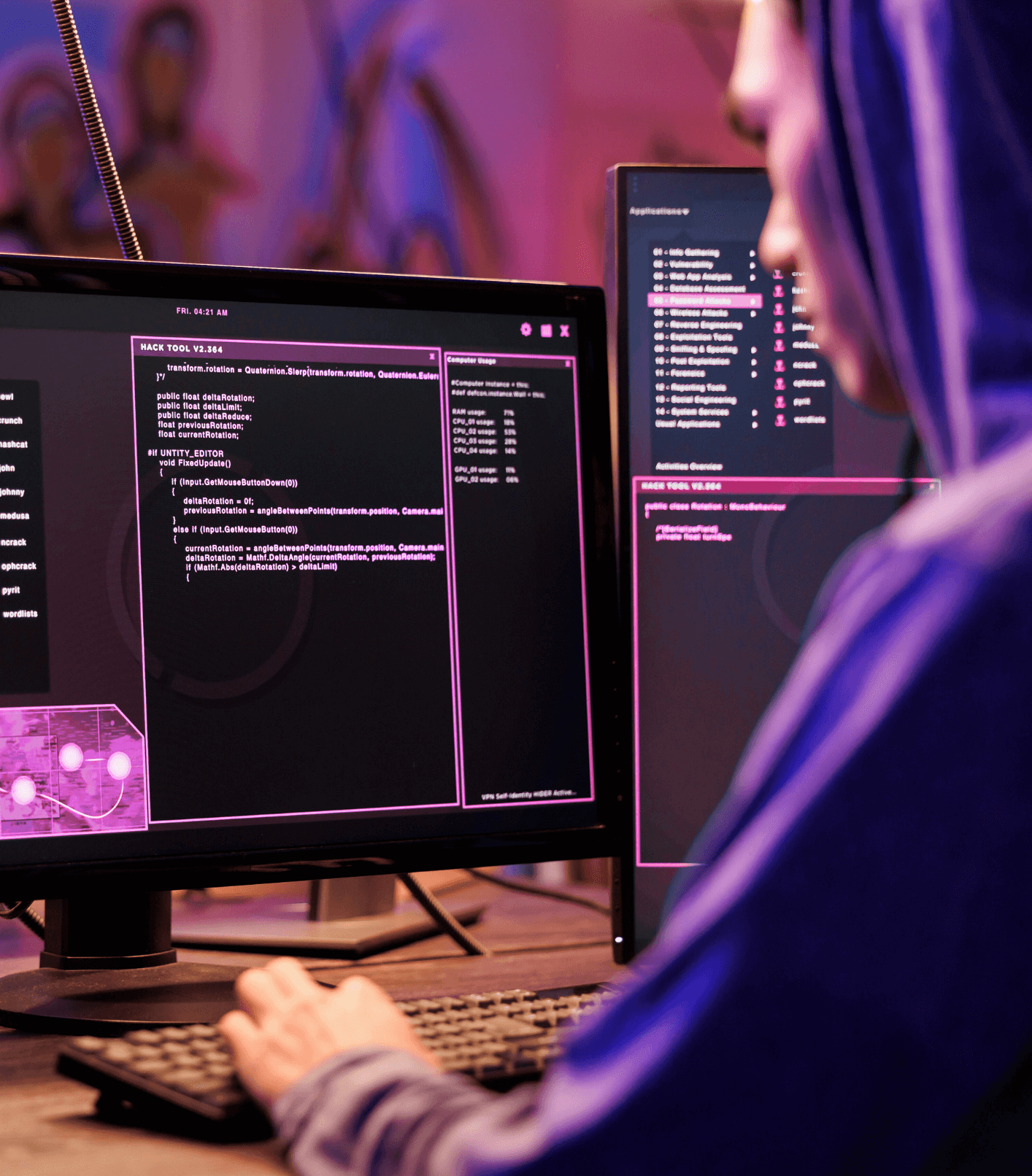 Person with purple hair working on a computer screen filled with code and hacking software in a dimly lit room with purple and pink lighting.