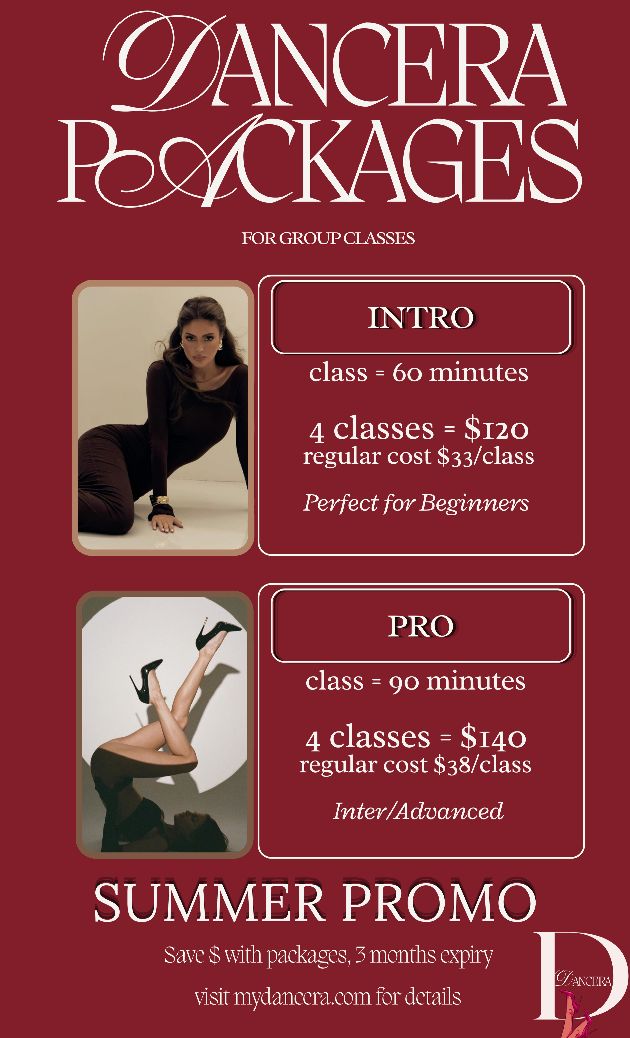 Promotional flyer for Dancera summer dance classes featuring images of women in dance poses and a woman in a black dress with long dark hair. The flyer describes group class options: Intro, Pro, and Advanced, with durations and pricing, and promotes packages with a note about a 3-month expiry for discounts.
