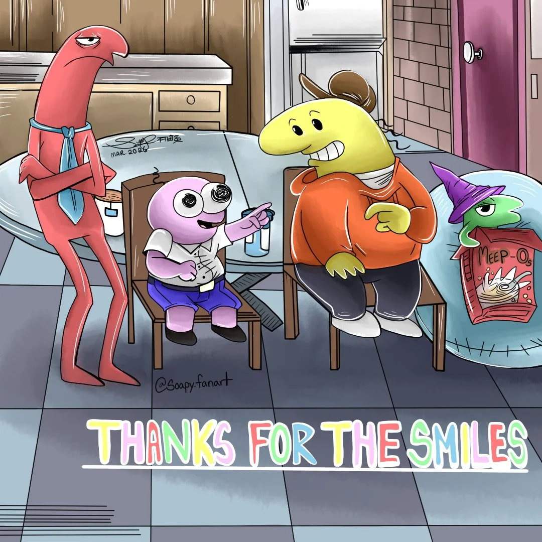 Cartoon of a group of animated characters in a kitchen, some sharing a meal, with a colorful 'Thanks for the Smiles' message at the bottom.