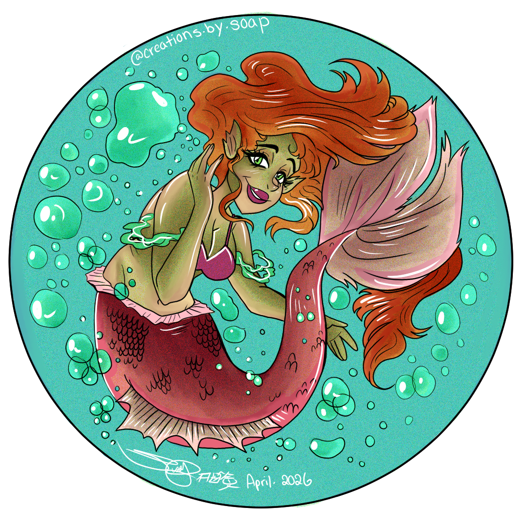 A colorful illustration of a mermaid with long red hair, green skin, and a pink tail, underwater surrounded by bubbles, with her hand touching her face and smiling.