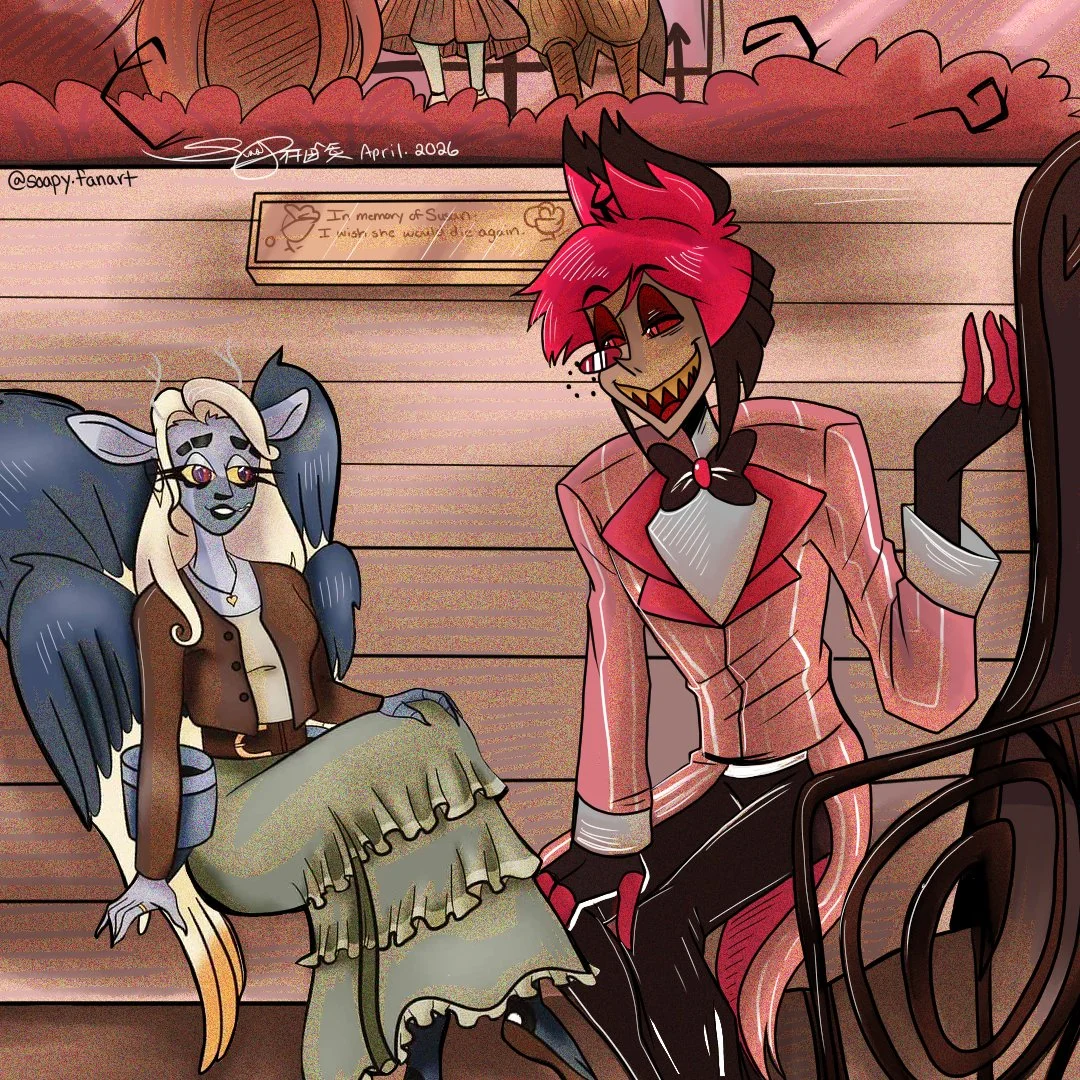 A colorful cartoon featuring two anthropomorphic characters sitting in a cozy, wood-paneled room. One is a fish-like character with long blonde hair, glasses, and a brown jacket. The other is a vampiric character with pink and black hair, sharp teeth, and a pink striped blazer. There is a sign in the background that reads, 'In memory of Susan, I wish she was here again.'