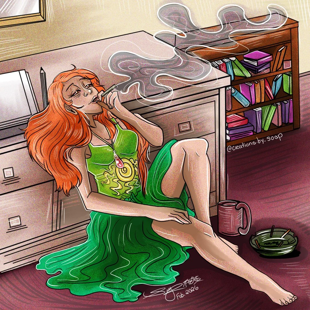 A woman with long red hair drinking from a cigarette while sitting on the floor, wearing a green dress, with smoke rising around her in a cluttered room with drawers, bookshelves, a mug, and an ashtray.