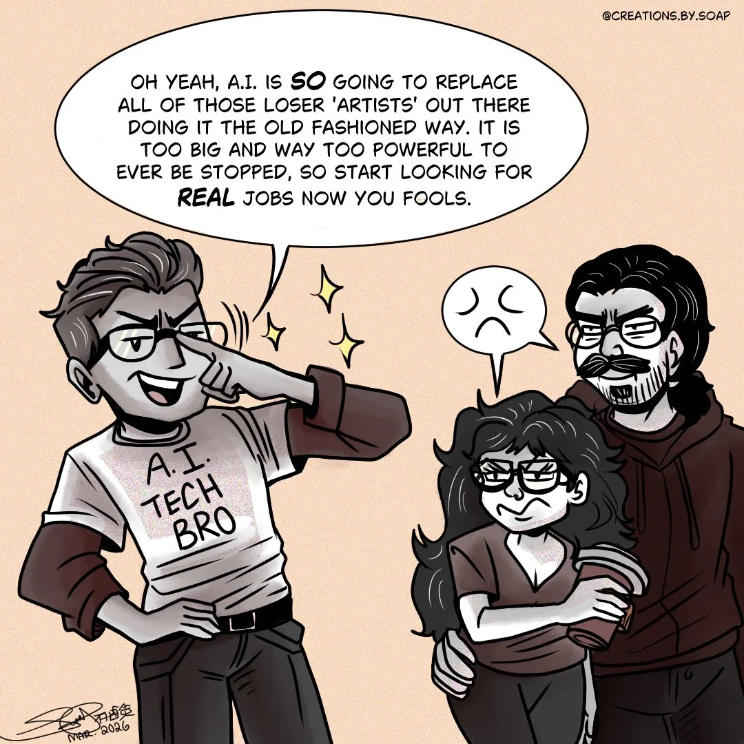 A cartoon of a young man in a T-shirt labeled 'A.I. Tech Bro' and glasses, confidently speaking about artificial intelligence replacing artists. He is gesturing proudly, while a distressed woman with glasses and curly hair and a man with long hair and glasses listen. The woman looks upset, and the man looks annoyed.