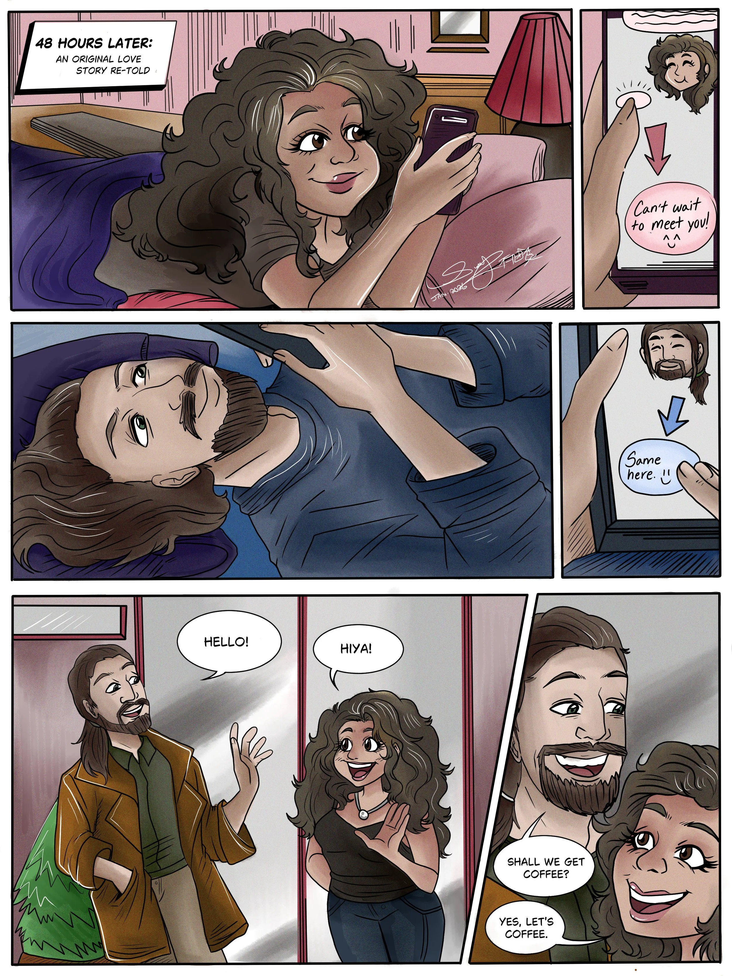 A comic strip shows a woman lying in bed looking at her phone, waiting to meet someone she has been chatting with online. She receives a message from a man, which she replies to. Later, she is greeted by two people at a street corner, they introduce themselves as friends, and she recognizes the man from her online chat, and they decide to go get coffee together.